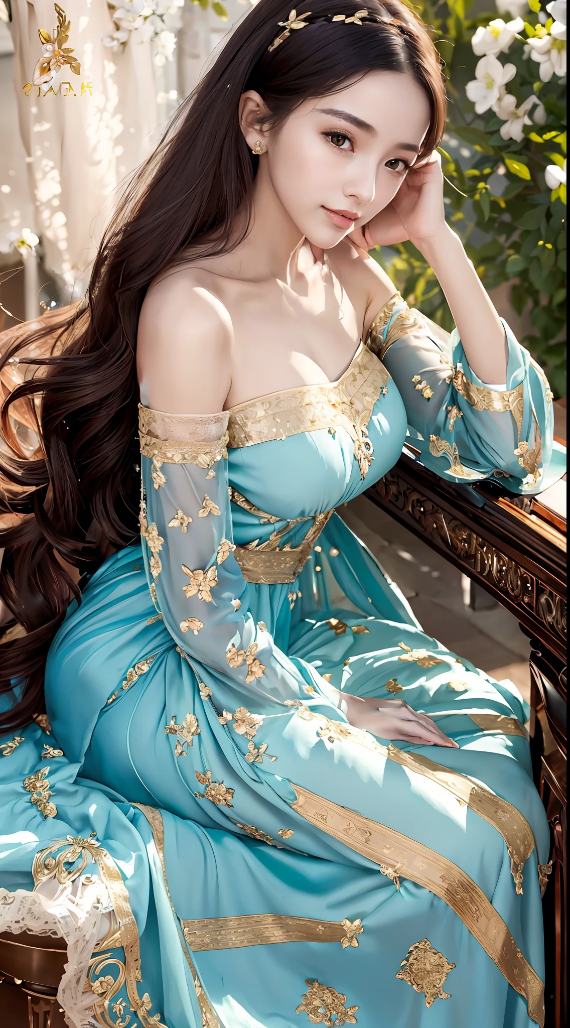 A beautiful girl, literary, beautiful and elegant, with slender eyebrows and clear eyes. Ruddy lips, soft skin, bandeau dress with gold edges, antique long-sleeved dress, stroking posture and waiting posture. The blue sky and the quiet courtyard (literary and elegant, antique, long-sleeved dresses, piano posture), full body close-up