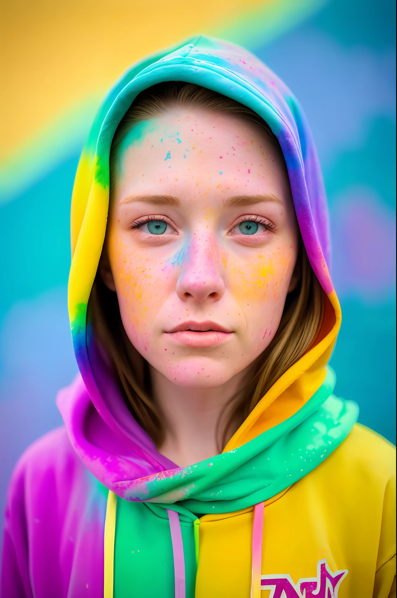 beautiful American college woman, wearing hoodie, looking at viewer, holi color festival, portrait, hyper detailed POV, by lee jeffries, nikon d850, film stock photograph ,4 kodak portra 400 ,camera f1.6 lens ,rich colors ,hyper realistic ,lifelike texture, dramatic lighting , cinestill 800,