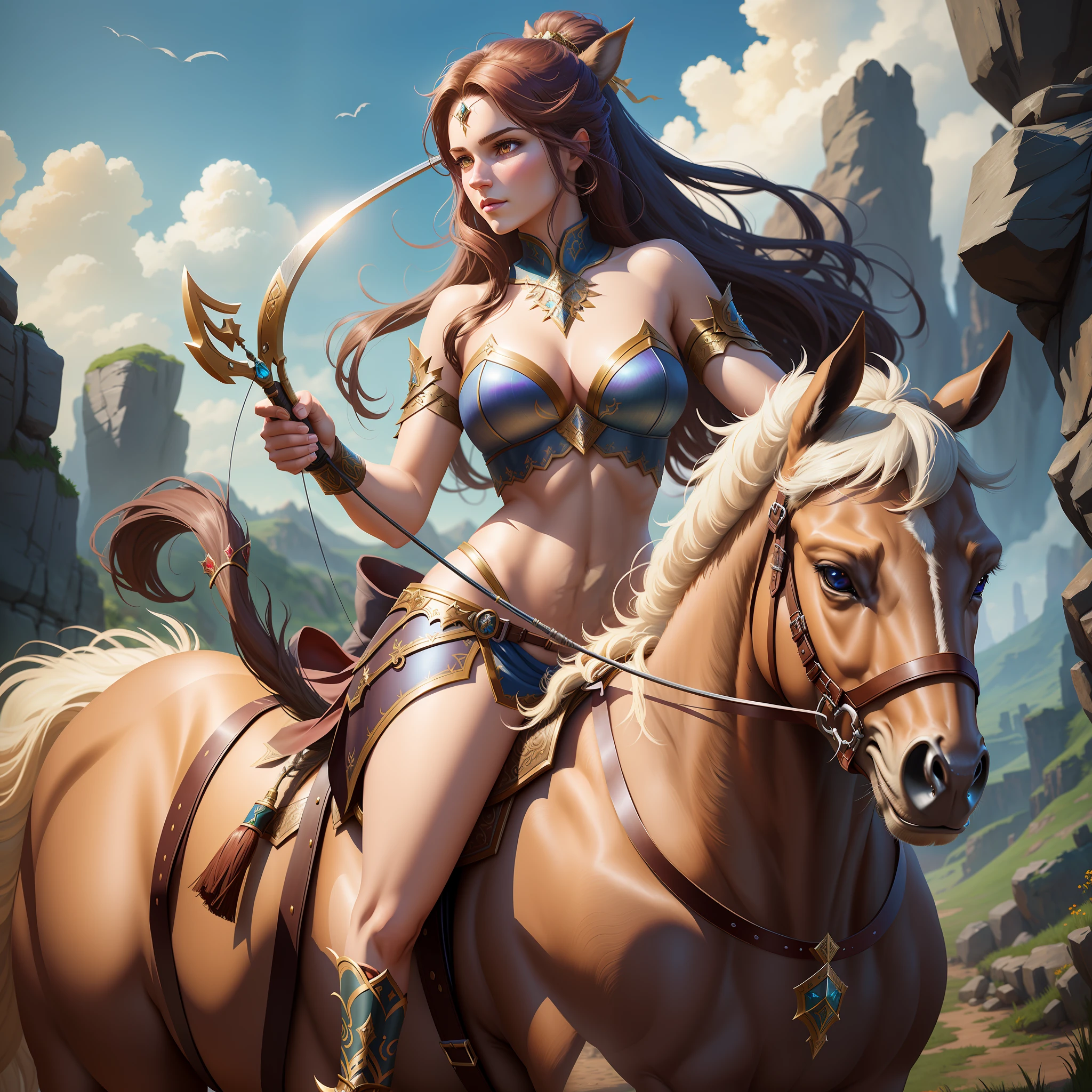 there is a woman riding a horse with a bow and arrow, epic fantasy digital art style, epic fantasy art style hd, epic fantasy art style, 2. 5 d cgi anime fantasy artwork, epic fantasy style art, fantasy art behance, centaur horse, fantasy art style, high quality fantasy art, fantasy style art, beautiful female warrior, 4k fantasy art