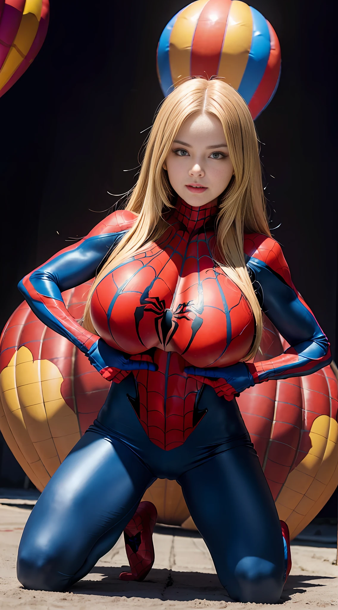 Muscular girl, long blonde head, devil figure, (huge and amazingly large breasts), (the action of stuffing two huge hot air balloons into clothes), (huge hot air balloon sized breasts), (breasts as big as a hot air balloon), (waist exposed), (abs), (full body Spider-man suit), (chest-wrapped Spider-man suit), (breast covered), smile, (highlighting particularly large breasts), frontal photo, (kneeling on all fours), (especially inflated breasts)