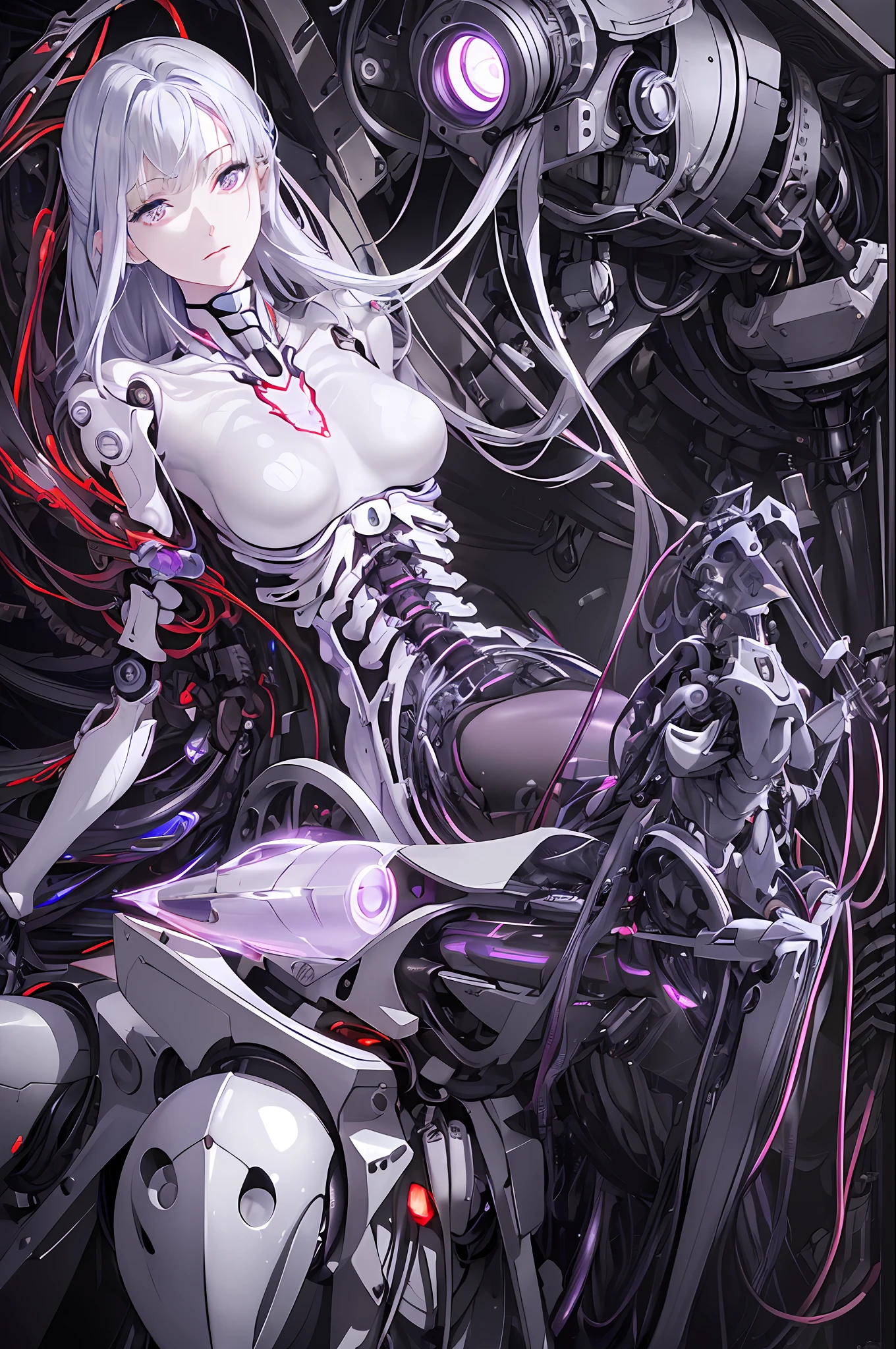(((Masterpiece)))), (((highest quality)))), ((Ultra Definition)), (Very Detailed Photoreality), (((Very Delicate and Beautiful)), (Delicate and Pretty Face), Cinematic Light, (((1 Machine Girl)), Solo, Full Body, Big, Cleavage Is Visible Skin, White Hair, Purple Eyes, Luminous Eyes, (Mechanical Joint: 1.4), (Mechanical limbs)), (Blood vessels connected to tubes), (( Mechanical vertebrae attached to the back)), ((Cervical vertebrae of the machine) attached to the neck)), (((sitting)), expressionless, (wires and cables attached to the head and body: 1.5), (character focus), small LED lamps on the body, Evangelion, SF, metallic body, detailed neon