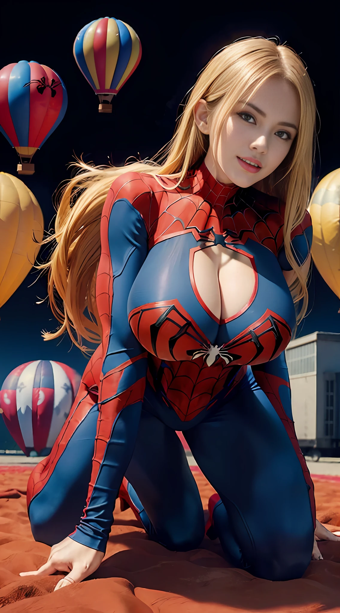 Muscular girl, long blonde head, devil figure, (huge and amazingly large breasts), (the action of stuffing two huge hot air balloons into clothes), (huge hot air balloon sized breasts), (breasts as big as a hot air balloon), (waist exposed), (abs), (full body Spider-man suit), (chest-wrapped Spider-man suit), (breast covered), smile, (highlighting particularly large breasts), frontal photo, (kneeling on all fours), (especially inflated breasts)