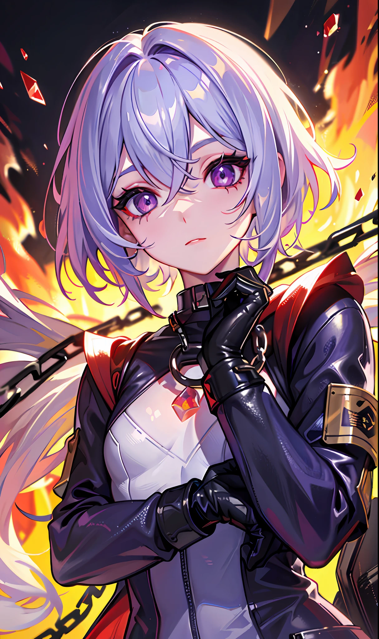 (Masterpiece, Side Light, Fine Beautiful Eyes: 1.2), (Masterpiece * Portrait), Portrait, (Bust), Realistic, Anatomically Correct, 3D Face, Sweet Skin, (Solo), Highlights, Gradient Hair, (Close-up of Face), Cute Face, (Fire Opal-like Purple Eyes), Hanging Eye Corners, ((High Detail Skin, Visible Pores)), (Perfect Figure), A Beautiful Girl, Small Breasts, ((Military Full Cover Biochemical Protective Suit)), (Neck Ring), Very, very short short gloves, (chains)