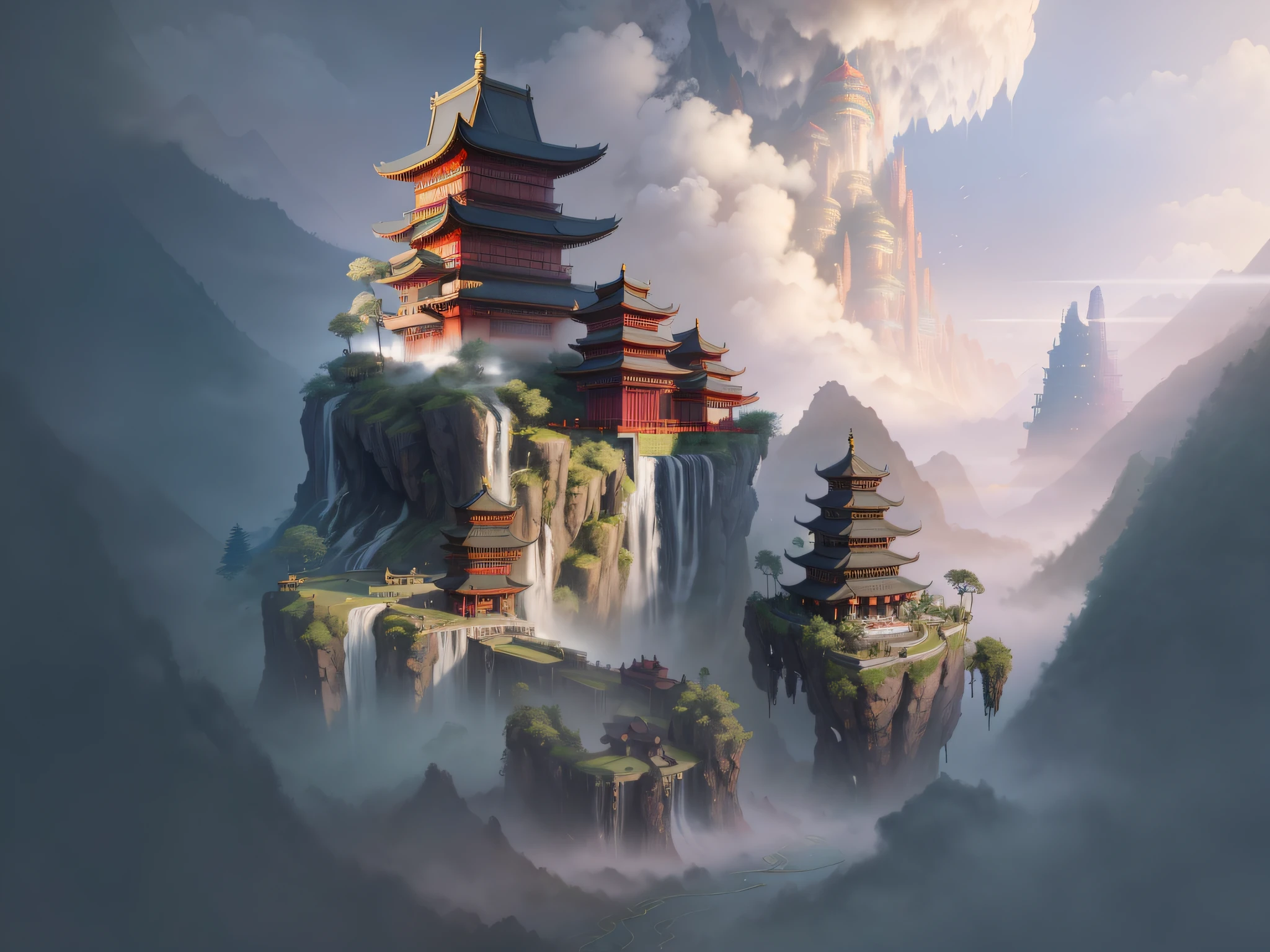 arafed image of a mountain with a pagoda and a waterfall, digital painting of a pagoda, cyberpunk chinese ancient castle, chinese fantasy, traditional japanese concept art, chinese watercolor style, chinese landscape, g liulian art style, dojo on a mountain, ross tran. scenic background, a beautiful artwork illustration, dreamy chinese town, japanese fantasy, beautiful render of tang dynasty