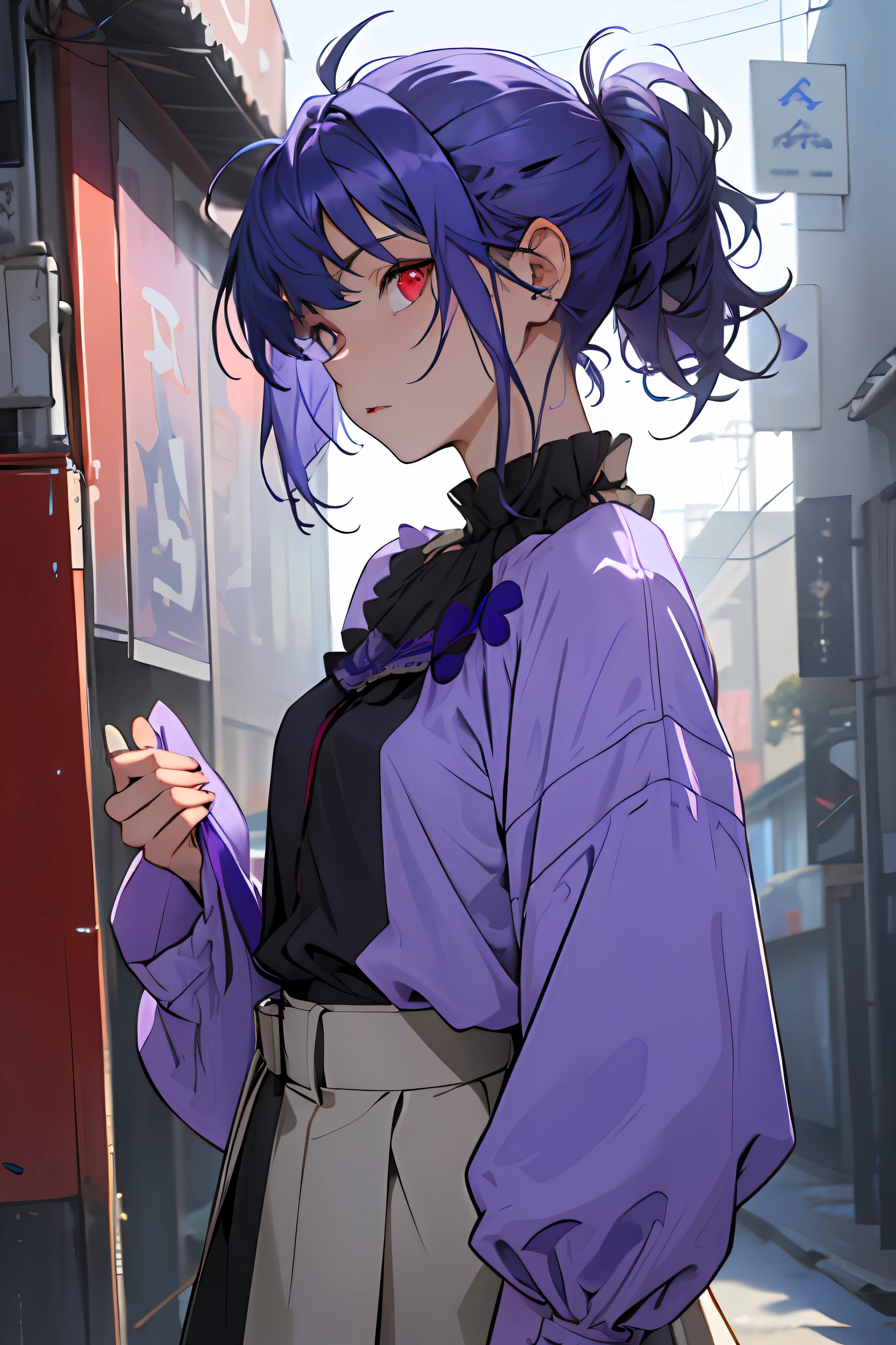 (((1girl))), ((((solo)))), ((messy hairstyle)), standing taking a picture, (((blue-violet hair)), red eyes, soft blouse