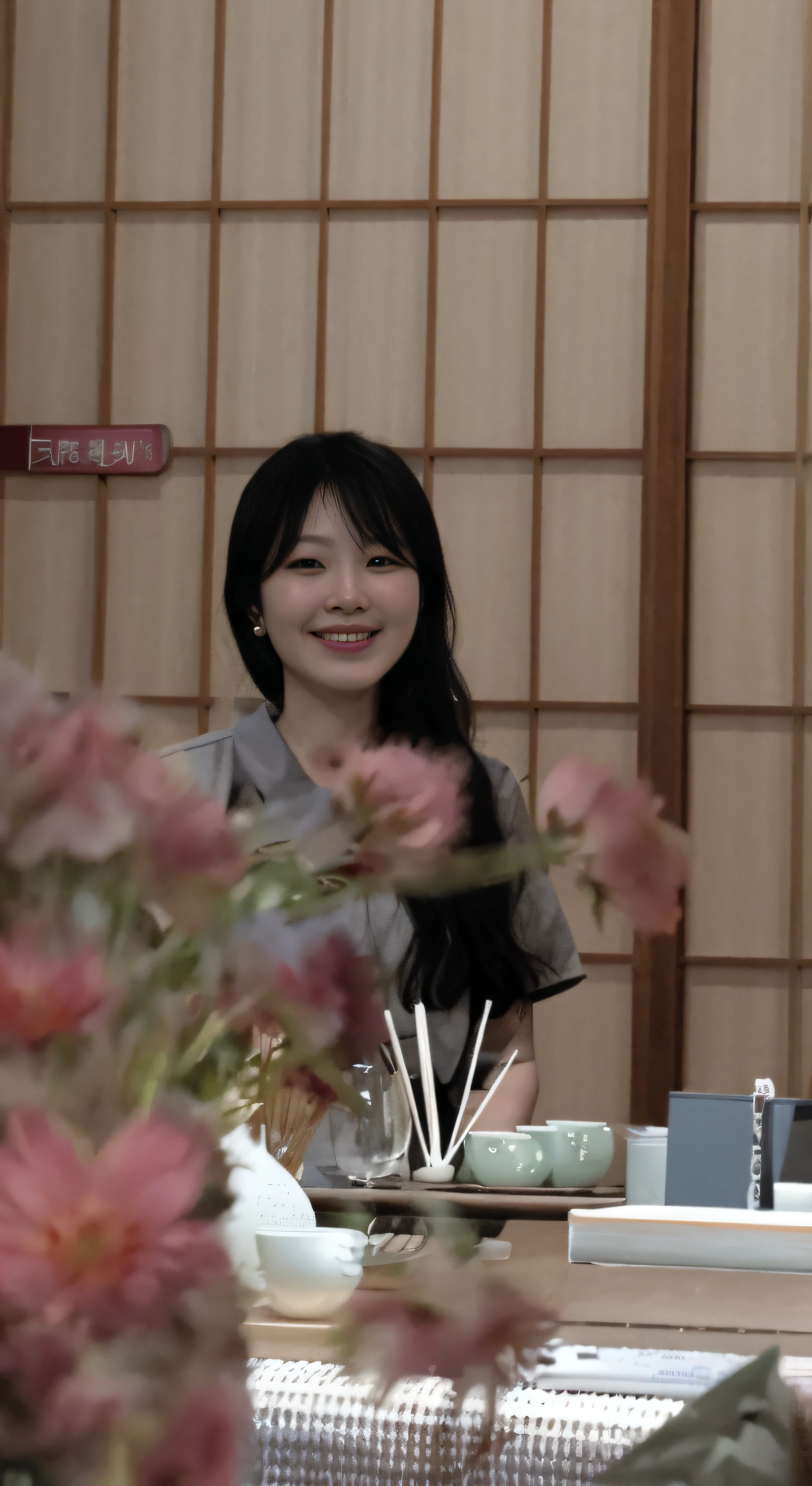 there is a woman sitting at a table with a vase of flowers, artist arata yokoyama, chiho, kiyoko suzuki, shiori teshirogi, junko enoshima, shin min jeong, narumi kakinouchi, yuuka kazami, seseon yoon, ayaka, harumi, tsugumi ohba