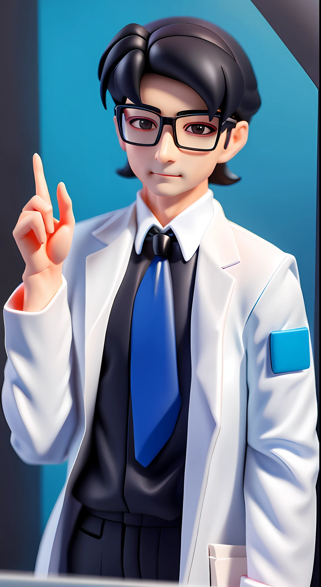 Blind box toy style, male doctor with glasses, black frame, wearing white lab coat, wearing blue shirt and black tie underneath, black hair