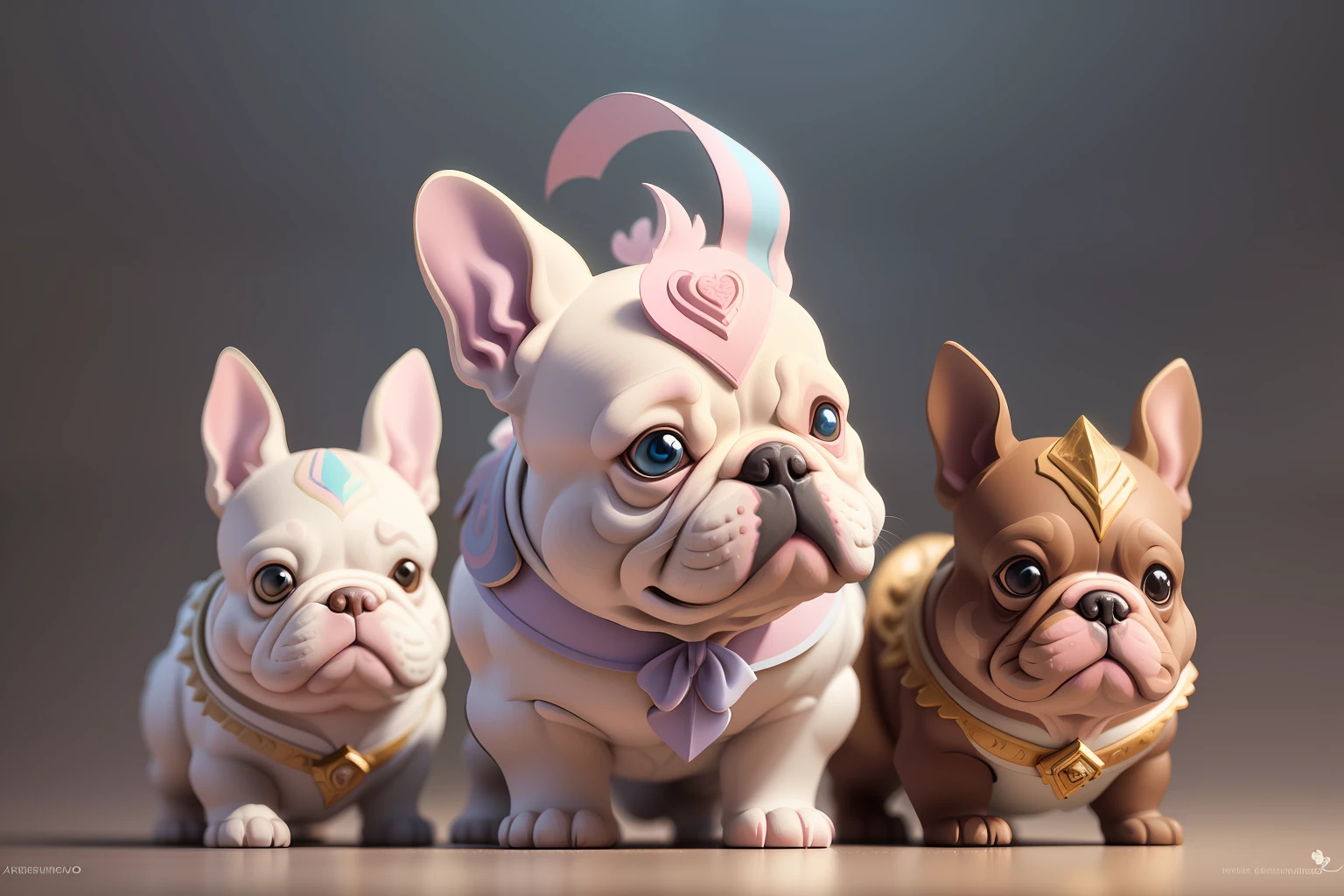 Absurdity, masterpiece, 3d rendering hand cut paper of french bulldogs in rococo pastel tones, mike campau, dmitry spiros, smooth and dynamic lines, classical balance, kinuko y style. Craftsmanship, colorful complexity