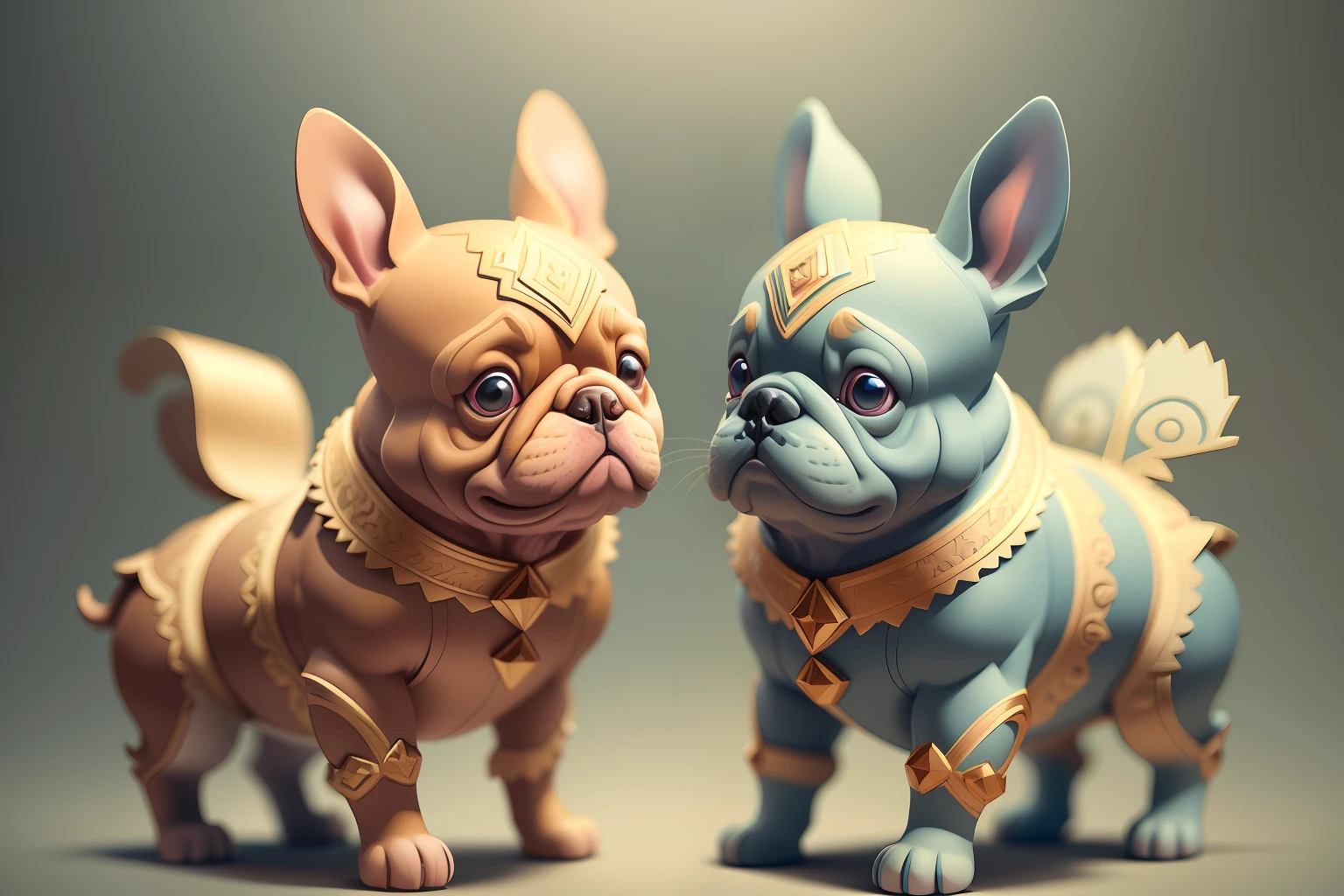 Absurdity, masterpiece, 3d rendering hand cut paper of french bulldogs in rococo pastel tones, mike campau, dmitry spiros, smooth and dynamic lines, classical balance, kinuko y style. Craftsmanship, colorful complexity