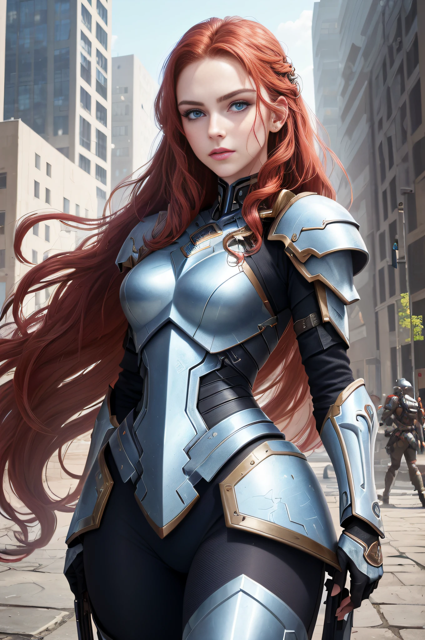 A Valkyrie, (long crimson hair, big waves: 1.5), (melon face: 1.3), (royal sister: 1.3), (8K, best image quality: 1.2), (masterpiece: 1.2), (ultra-high resolution: 1.5), (white knight armor: 1.1), (gorgeous armor: 1.1), (high definition: 1.2), (blue eyes: 1.5), (highly detailed photos: 1.2), (Central European mixed beauty: 1.3), (Serious Expression: 1.2), (Young: 1.5), (Real Face Detail: 1.5), (Real Skin Detail: 1.6), (3D: 1.4), (Cyberpunk: 1.1), (Doomsday City Ruins Background: 1.1), (Photo Texture: 1.4), (Realistic: 1.3), (Small Mouth: 1.5), (Soft Face Contour: 1.3), (Face Close-up: 1.3)