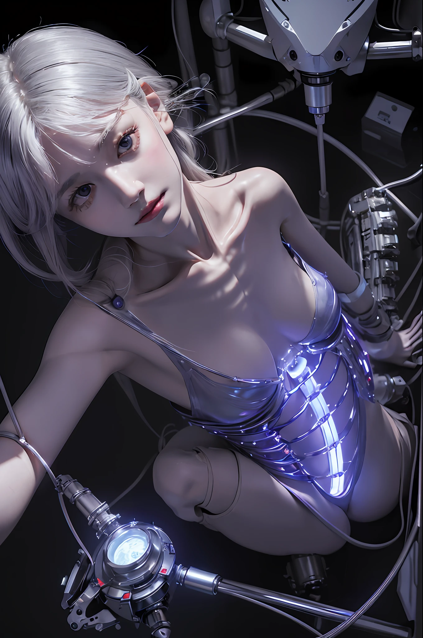 (((Masterpiece)))), (((highest quality)))), ((Ultra Definition)), (Very Detailed Photoreality), (((Very Delicate and Beautiful)), (Delicate and Pretty Face), Cinematic Light, (((1 Machine Girl)), Solo, Full Body, Big, Cleavage Is Visible Skin, White Hair, Purple Eyes, Luminous Eyes, (Mechanical Joint: 1.4), (Mechanical limbs)), (Blood vessels connected to tubes), (( Mechanical vertebrae attached to the back)), ((Cervical vertebrae of the machine) attached to the neck)), (((sitting)), expressionless, (wires and cables attached to the head and body: 1.5), (character focus), small LED lamps on the body, Evangelion, SF, metallic body, detailed neon