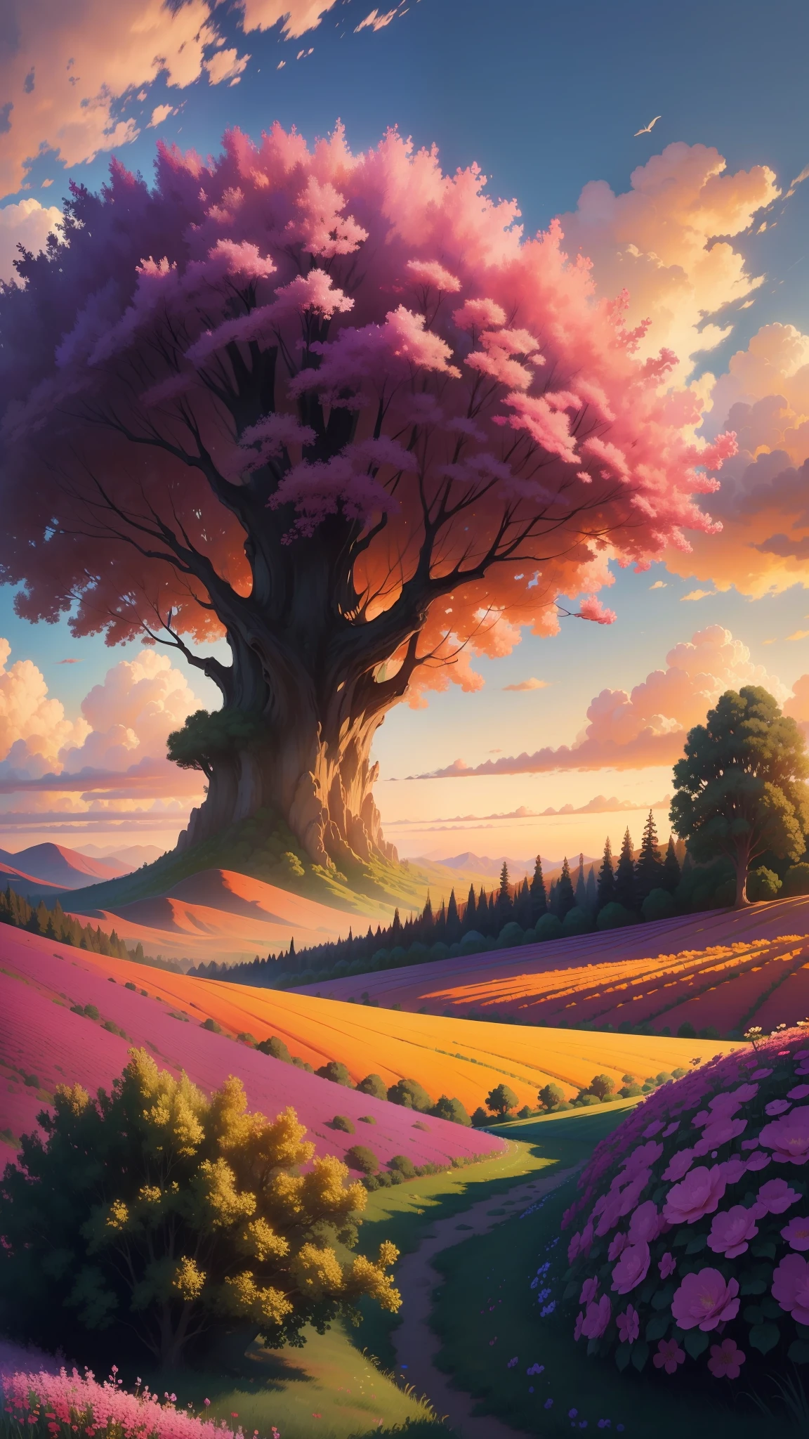 With huge flowers, flower fields hills, large trees, dramatic sunrise light, impressionist painting, colorful clouds, digital painting, pointillism, art station, 8K
