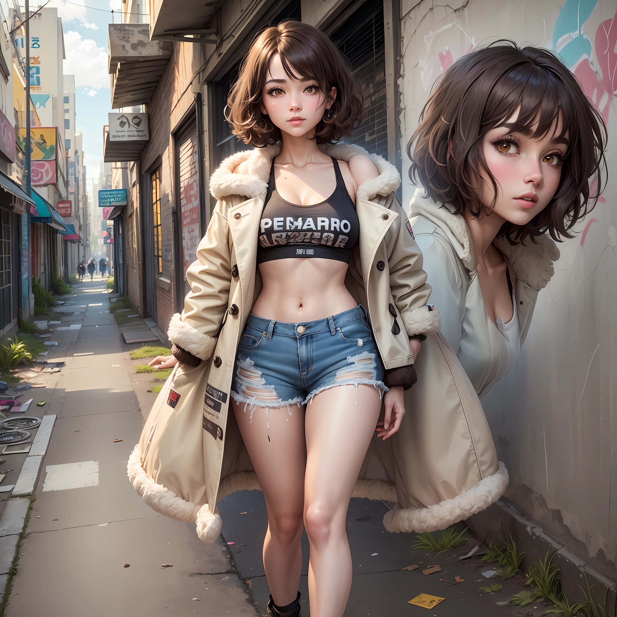 (Highest quality, amazing detail: 1.4), masterpiece, original character, natural volumetric lighting and best shadows, deep depth of field, sharp focus, portrait of amazingly beautiful ite girl, full body, soft and delicate beautiful charming face with seductive yellow eyes, sharp eyeliner, seductive smile, brown hair blown by the wind, thick layered medium double-tailed hairstyle, blush eyeshadow and thick eyelashes, parted lips, open furry coat, denim shorts, (messy painted body: 1.05), (Graffiti mural wall background: 1.15), Old industrial area, (Crossword puzzle on city street standing in ruins: 1.2),, Picturesque, Short hair, ((blush)), Overexposed --auto --s2