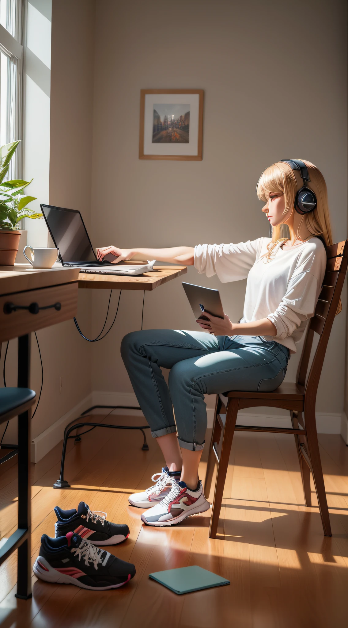 There is a woman sitting at a table with a laptop and diagonally, with her feet in the half of the chair, highest chair, high chair, swinging her leg, swinging her feet, small foot, sideways, feet and legs in half of the chair, legs of the big chair, high chair, looking forward, gamer chair, Gamer, leg separated from each other,  in pants, in sneakers, looking forward, Woman turned on her side, Woman on her side, Woman on her back