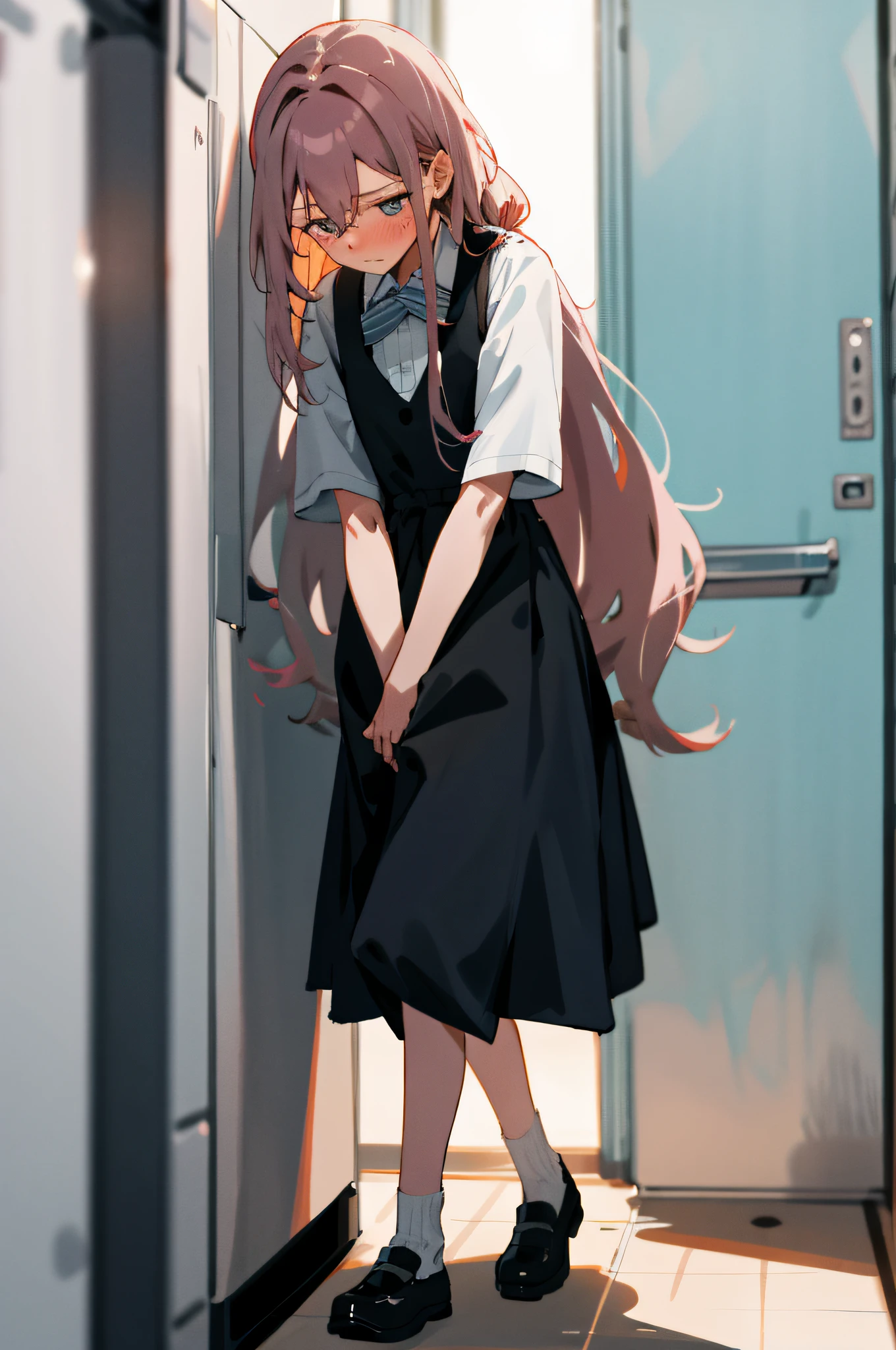1girl with long hair and dress, 1 girl is taking to lavatory, looking away, standing, embarrassed, blush, Keep one's mouth shut, street (girl is peeing self:0.4)