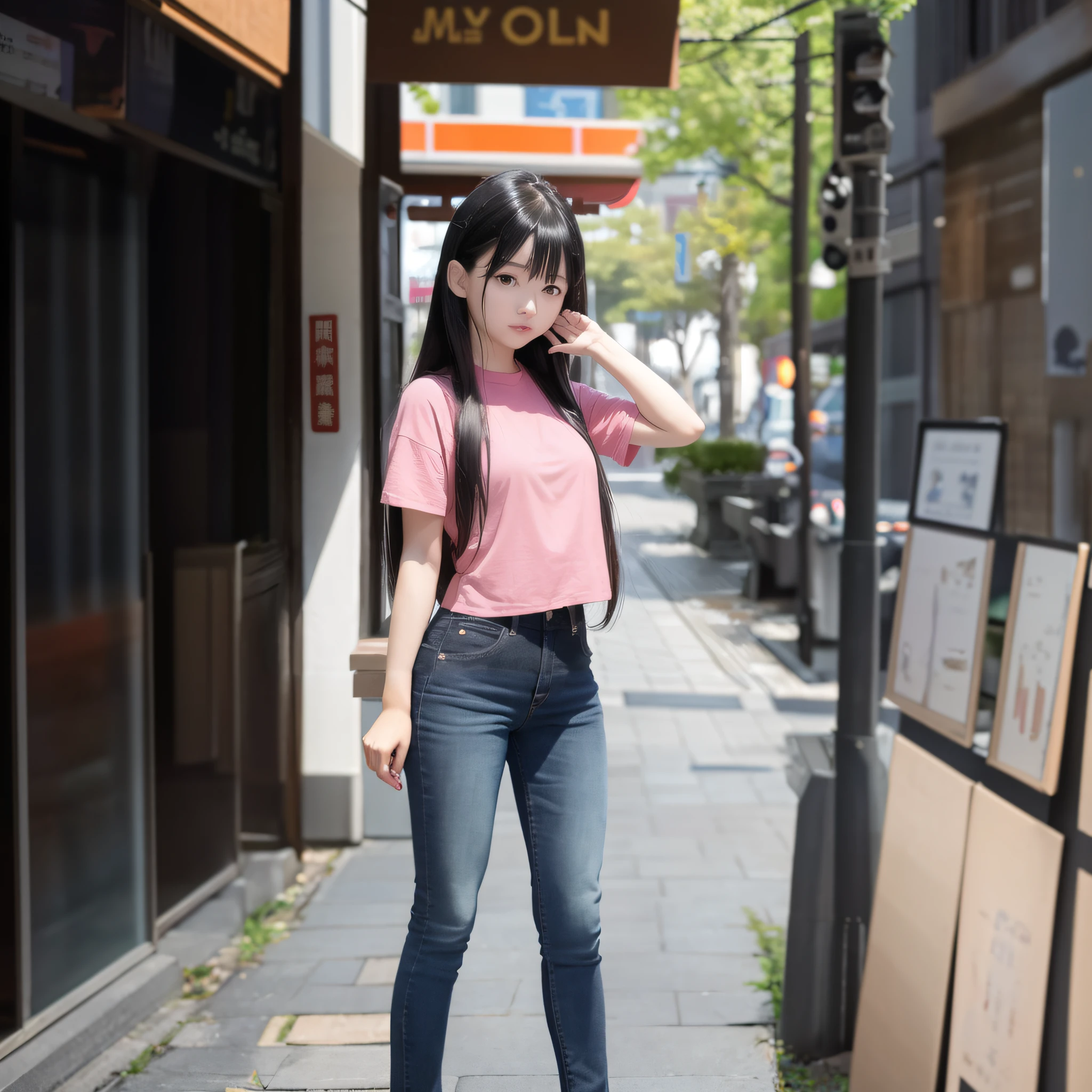 there is a woman that is standing on the sidewalk with her hand on her head, anime girl in real life, realistic anime 3 d style, asian girl with long hair, realistic young anime girl, photorealistic anime, realistic anime, with long hair, portrait of a japanese , attractive anime girl, kawaii shirt and jeans, hyper realistic anime, realistic young gravure idol