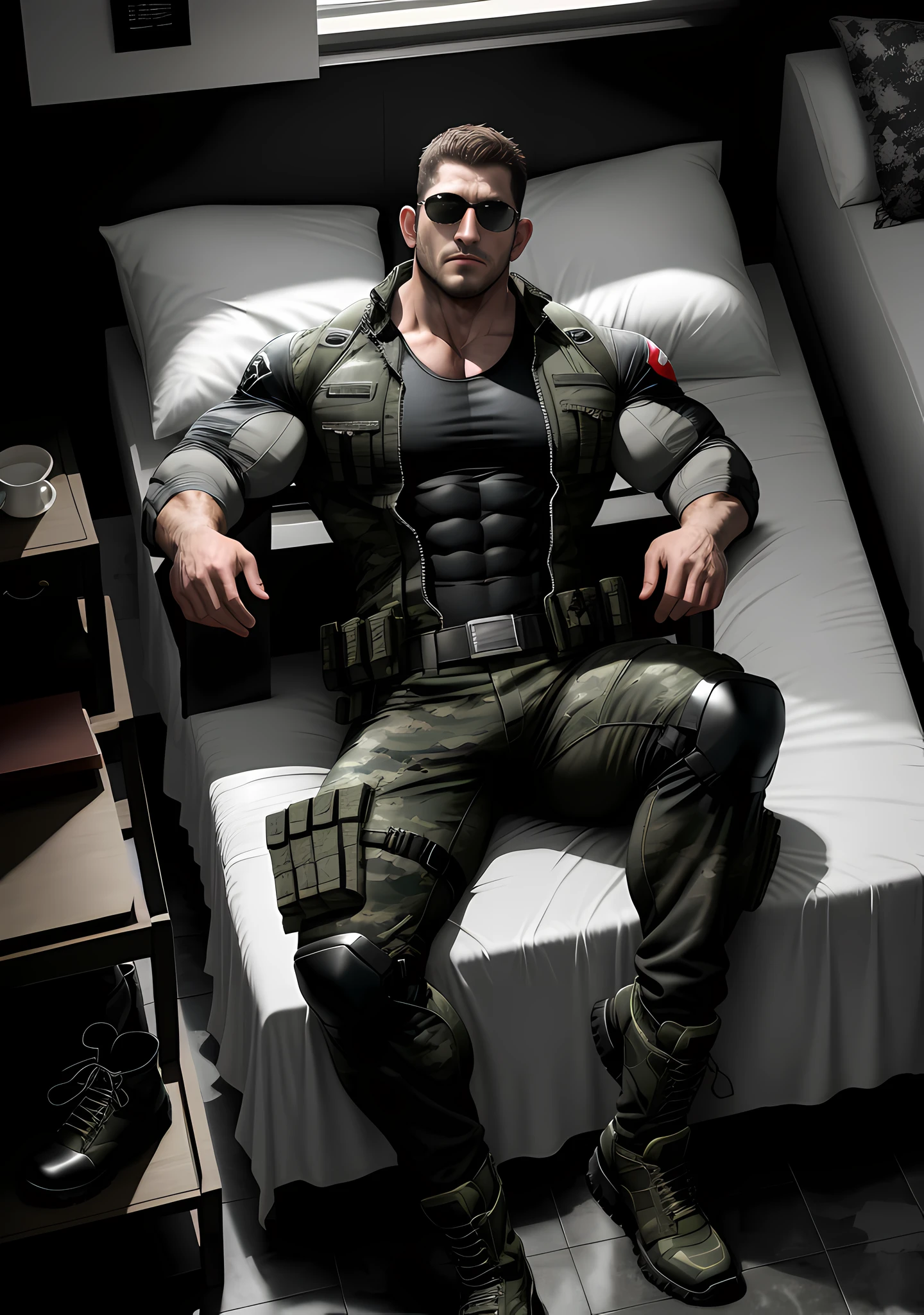 Character Design (Resident Evil - Chris Redfield, Chris Redfield) wears a handsome black and gray camouflage suit, lying on a large bed with a milky white soft bed, with a sad expression, a muscular male hero, a heroic male pose, tall and burly, muscular! Wearing sunglasses, sexy charming muscular leg muscles, burly and strong, handsome black and gray camouflage suit, super gain and cool, high resolution committee, rough big feet, military boots, attractive strong male, bright moonlight on the body, lonely