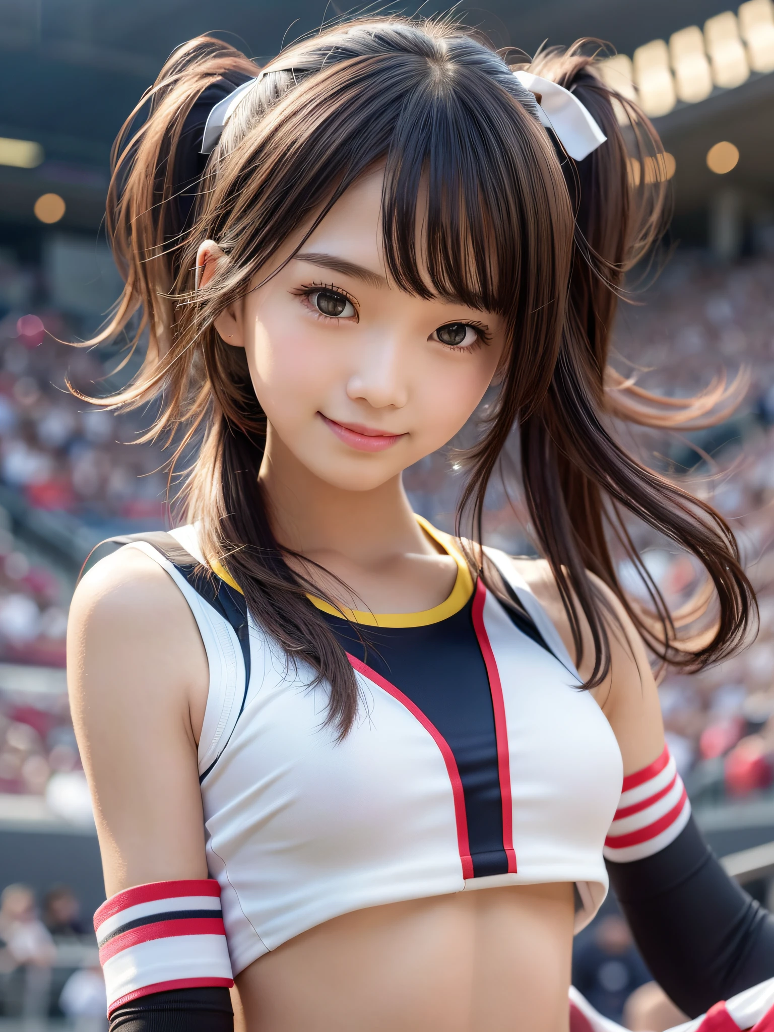 Ala Fed Asian cheerleader holding pom pom in stadium, closeup, closeup, cosplay photo, anime cosplay, small breasts, RAW photo, best quality, high resolution, (masterpiece), (photorealistic:1.4), professional photography, sharp focus, HDR, 8K resolution, intricate details, depth of field, highly detailed cg unity 8k wallpaper, front light, NSFW, woman, girl, beautiful supermodel, smile, slender, small cheer uniform, yellow