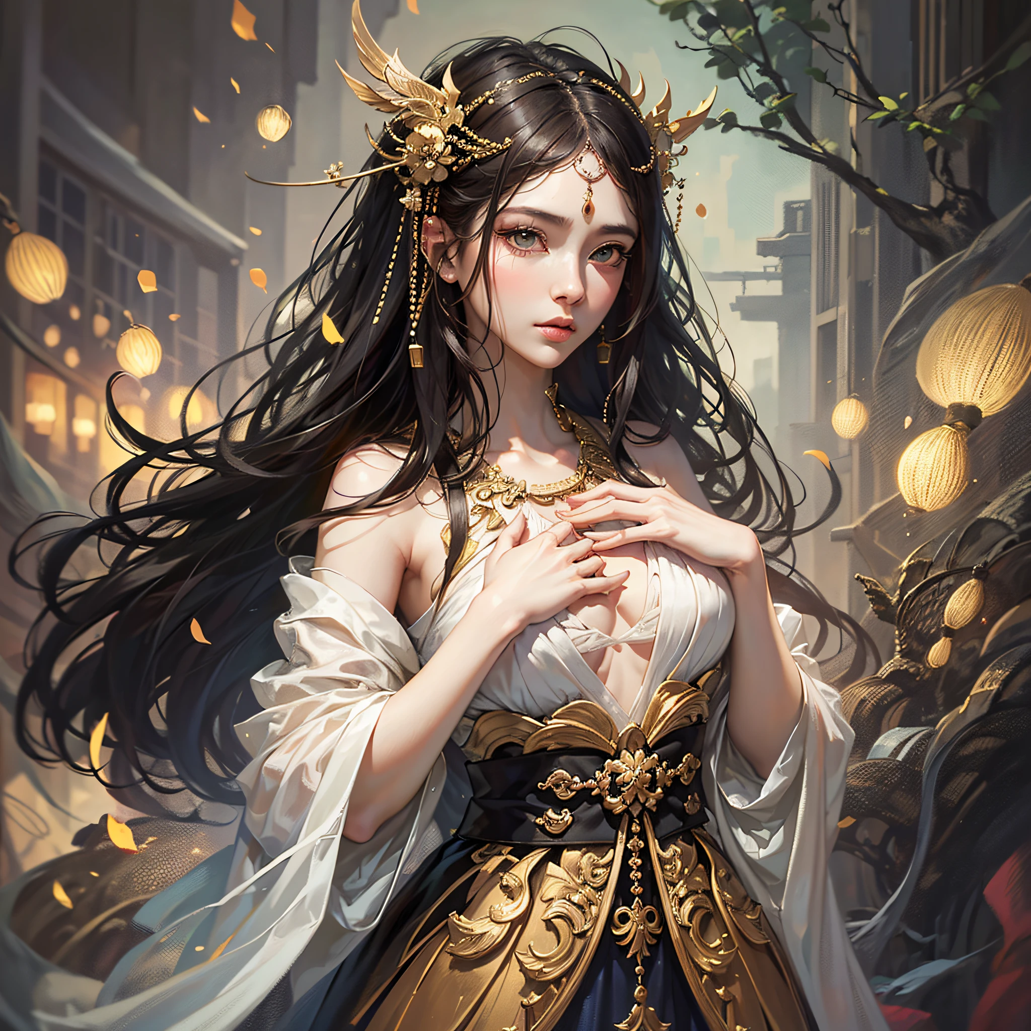 8k, full body, focal length: 1.2, medium chest, beautiful and delicate face, slender waist, shy lips, girl, big eyes, highest quality, hyper-detailed, long hair, hanfu, clothes covering the whole body, no flesh, soft portrait shooting, hyperrealist art style, fine hands --auto --s2