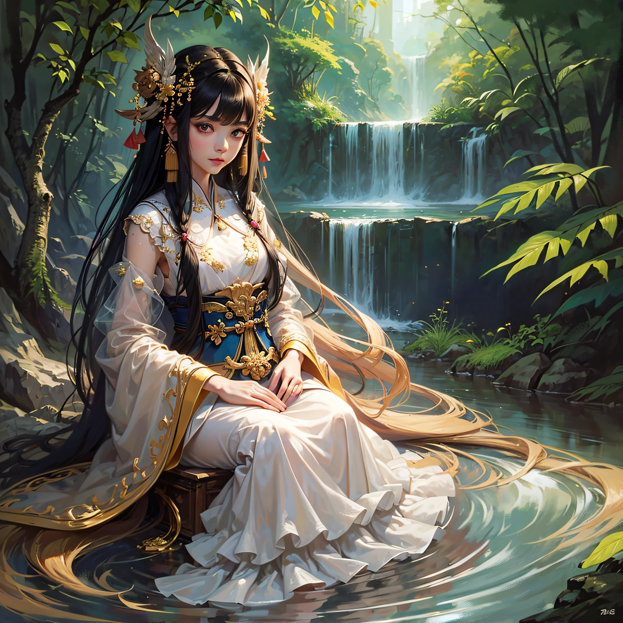 8k, full body, focal length: 1.2, medium chest, beautiful and delicate face, slender waist, shy lips, girl, big eyes, highest quality, hyper-detailed, long hair, hanfu, clothes covering the whole body, no flesh, soft portrait shooting, hyperrealist art style, fine hands --auto --s2