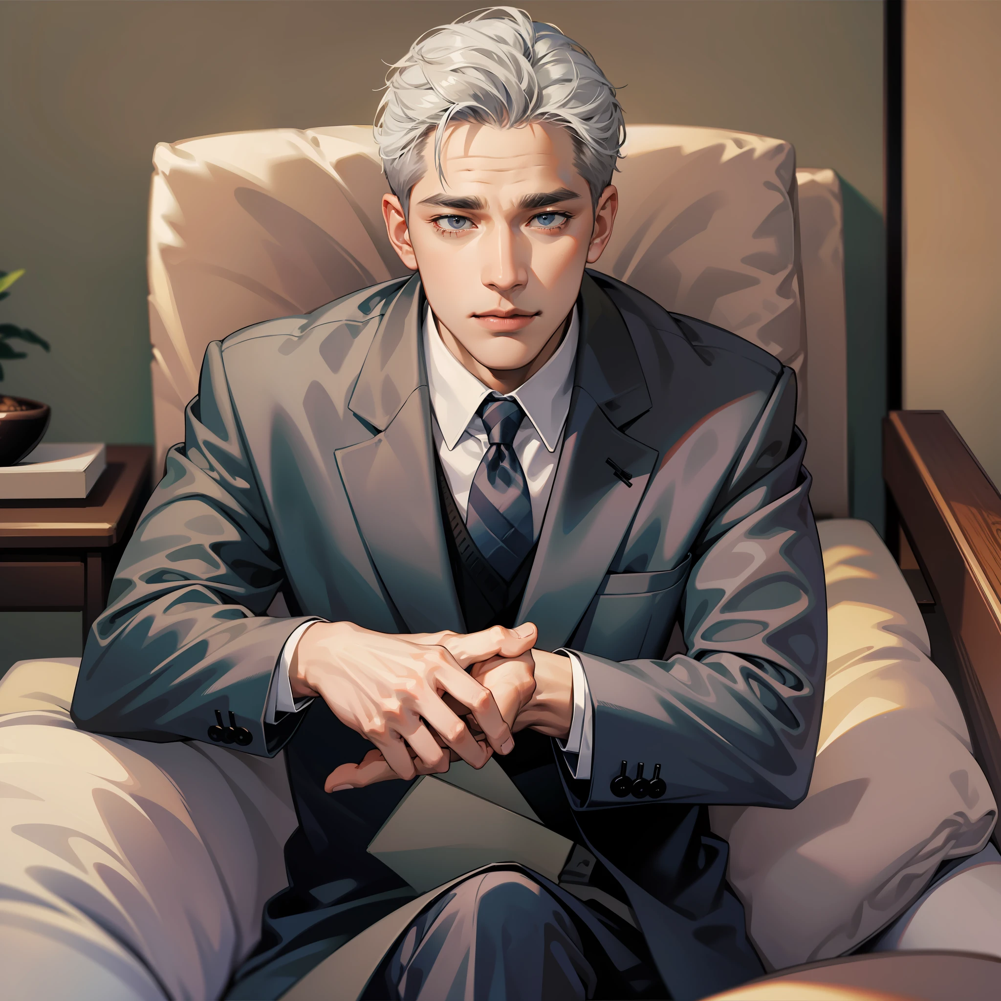 Male, middle-aged, gray hair, wrinkles, dark skin, wearing suit, sitting on sofa, living room background