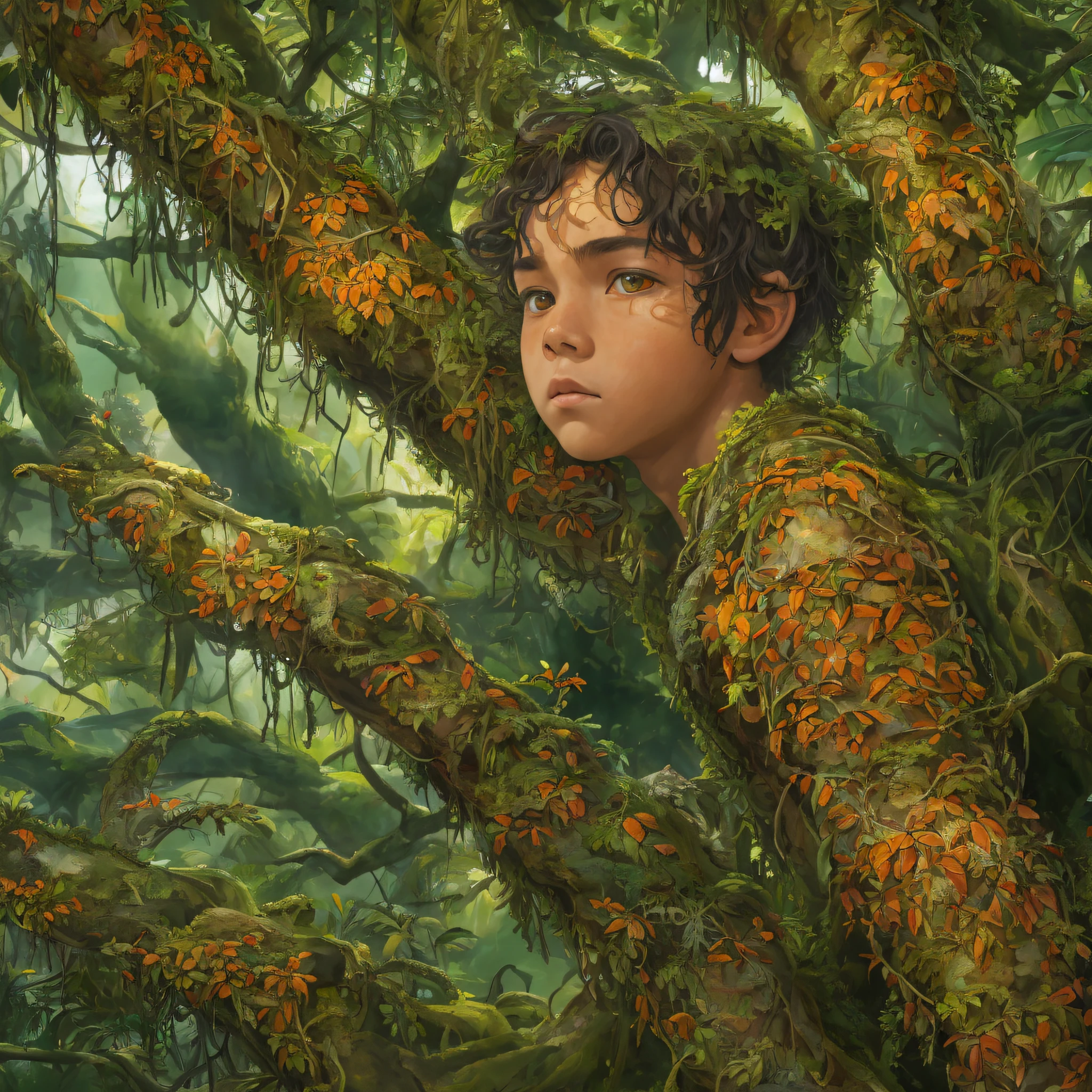 a oil painting in which boy with large orange eye sit on a tree in jungle realistic ,8k, and intricate,high detail,dramatic --auto --s2