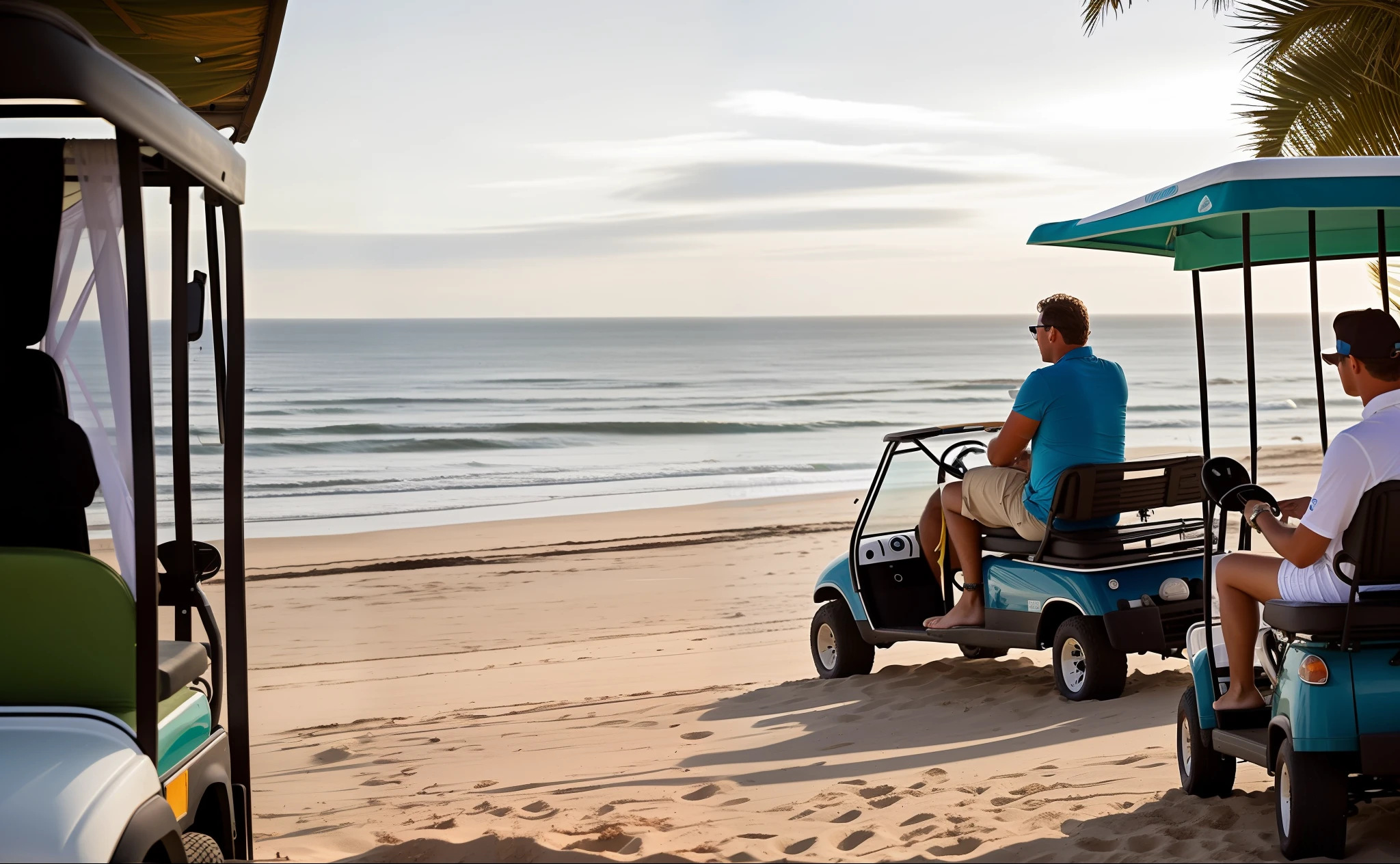 there are two people riding in a golf cart on the beach, in a beachfront environment, environmental shot, beautiful views, mixed art, overlooking the ocean, gazing off into the horizon, on the sand, on the coast, afternoon hangout, coastal, far away shot, sun coast, in a scenic background, eye - level view, beach setting, cover shot