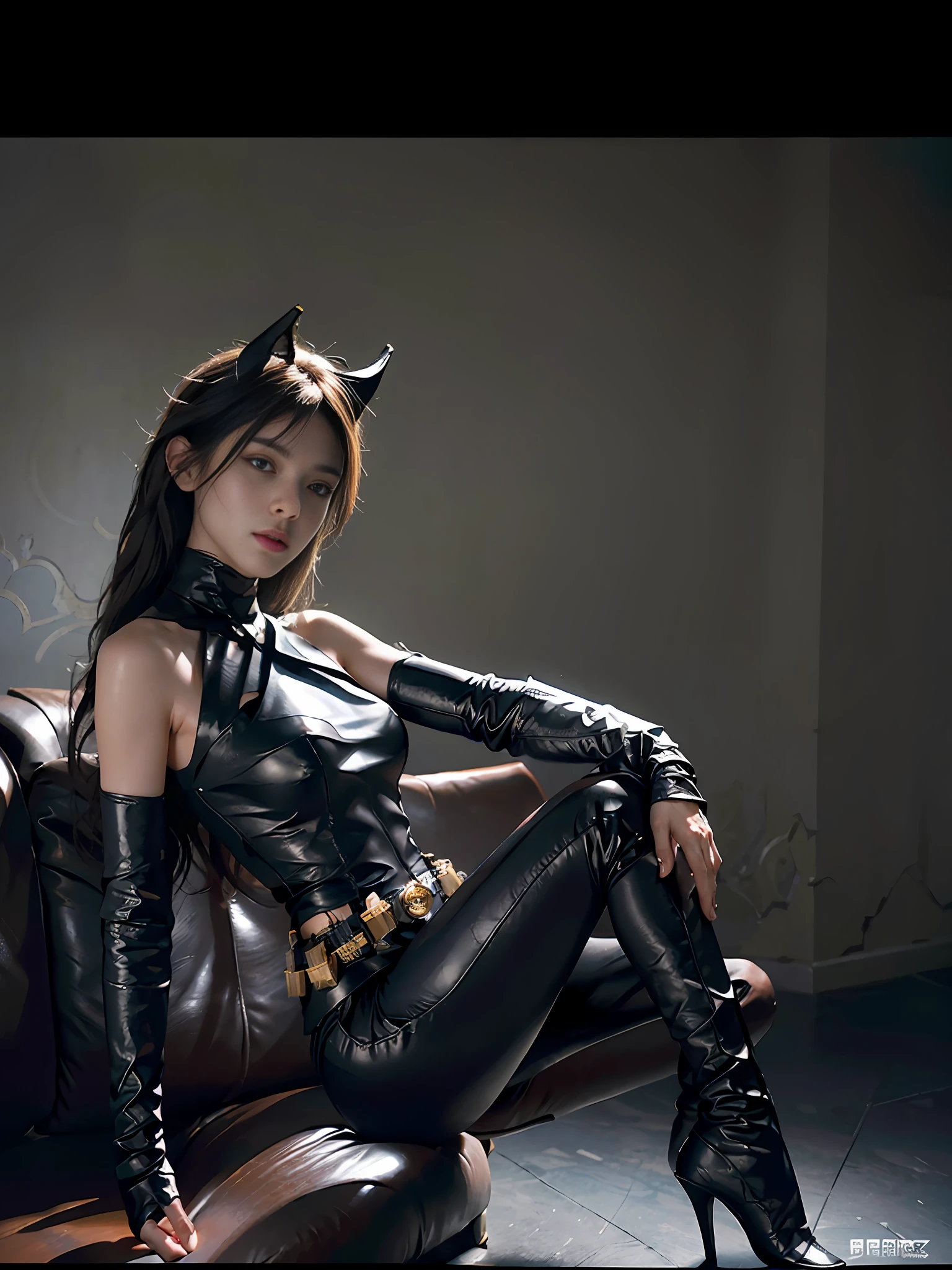 RAW, Masterpiece, Ultra Fine Photo,, Best Quality, Ultra High Resolution, Photorealistic, Sunlight, Full Body Portrait, Stunningly Beautiful,, Dynamic Poses, Delicate Face, Vibrant Eyes, (Side View) , she wears futuristic Batman costume, skinny leather pants, turtleneck top, off shoulders, Batman ears, sitting on a leather sofa, very detailed background, detailed face, detailed busy background, messy, gorgeous, Milky white, high detailed skin, realistic skin detail, visible pores, sharp focus, volumetric fog, 8k uhd, dslr, high quality, film grain, fair skin, photorealism, lomography, in a future dystopia sprawling metropolis, seen from below, translucent