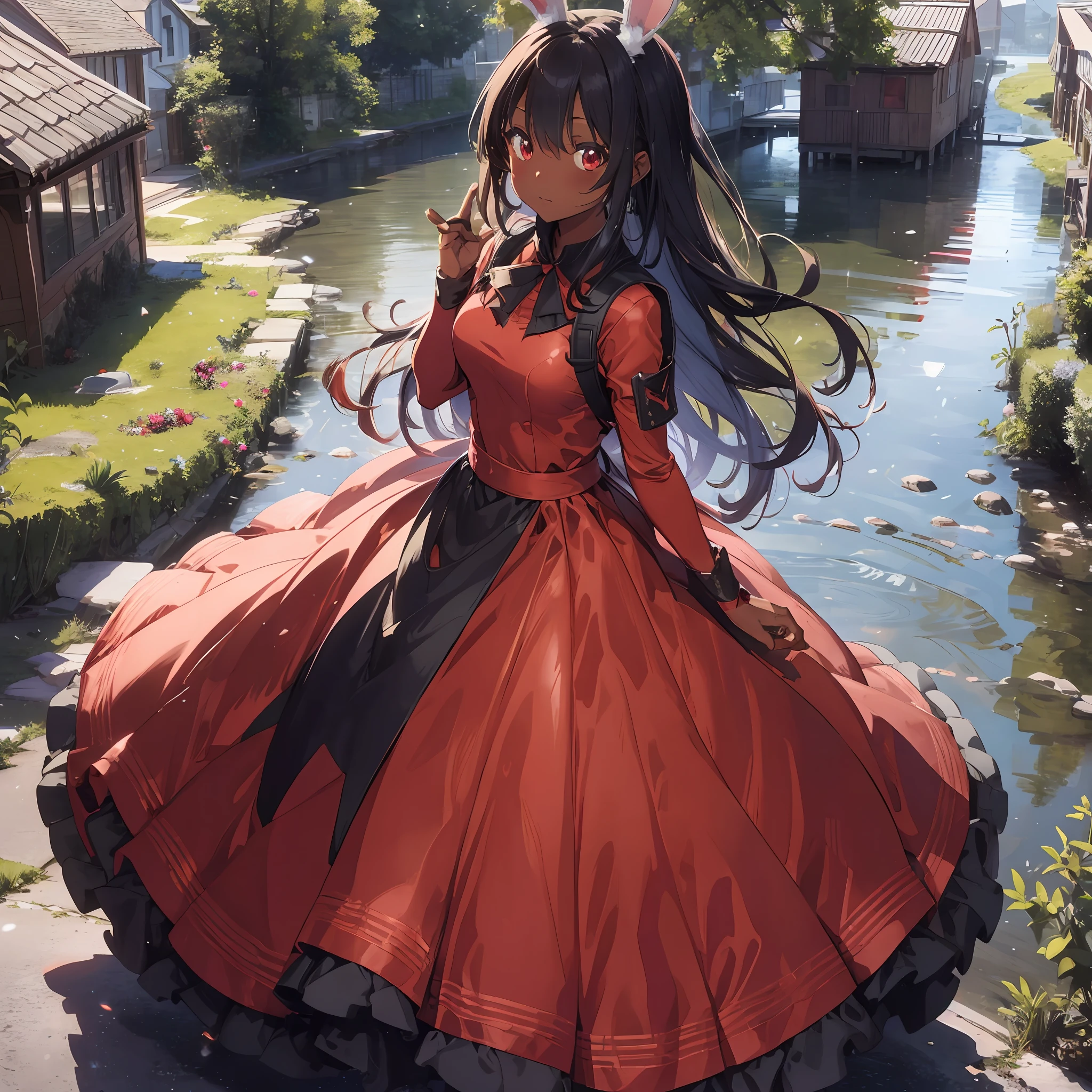 Background is party venue, red formal long dress, thick eyebrows, huge backpack, (dark skin: 1.3), brown skin, movie lighting, small, rabbit ears, (masterpiece), ((best quality)), (super detailed), glossy skin, full body anime girl, clean and detailed anime face, high resolution anime eyes, five fingers, textile shading, perfect human structure, perfect ???????,