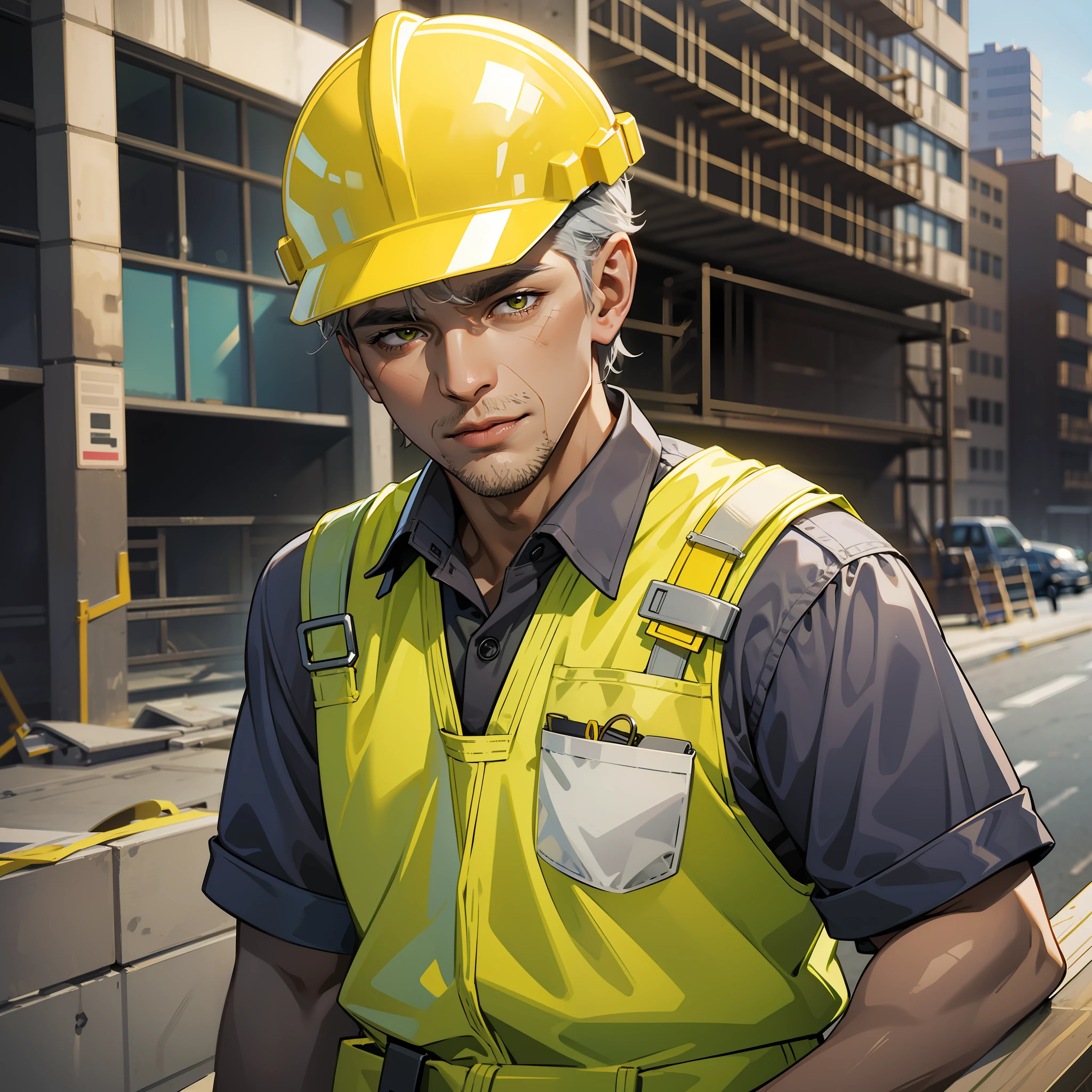 Male, middle-aged, gray hair, wrinkles, dark skin, wearing yellow hard hat, yellow vest, construction site background