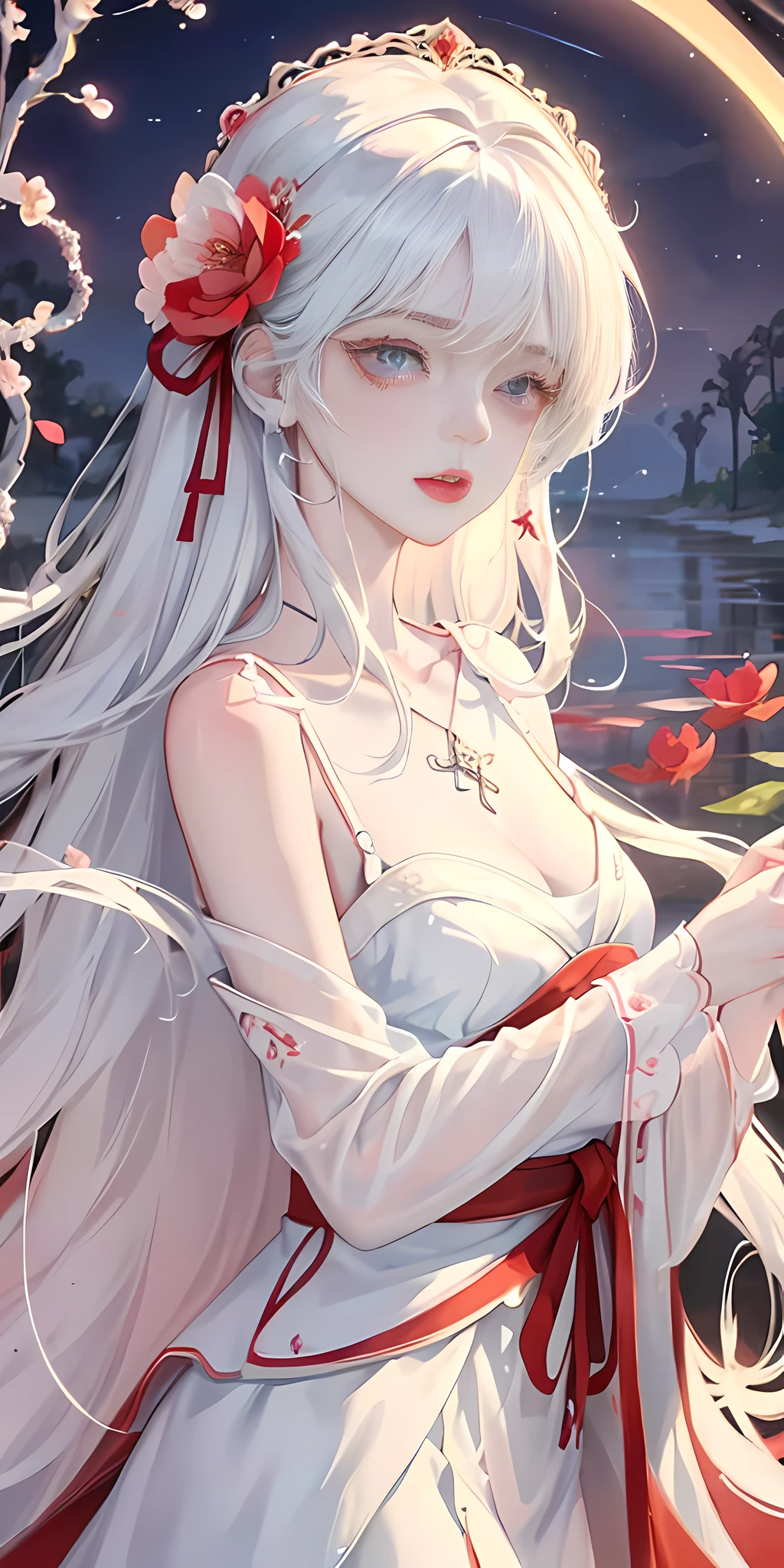 Close-up, looking at the camera, beautiful girl, garlic, flower, (beautiful girl), delicate facial features, detailed portrayal of the corners of the eyes, bust photo, moist lips, sad eyes, long white hair, smooth and delicate skin, ((red clothes)), red long skirt, bare thighs, brilliant and colorful, fantasy art, mysticism, dream scene, dream, dream light, seduction, psychedelic, misty halo, (((night))), ((night)), river bank, full of flowers on the other side, dreamy, flying red tiny petals, Red fluorescent petals, fluorescent flowers, fluorescent flowing water, standing in water, shallow water, master works, extreme detail, dissection correctly, correct limbs, accurate, hud, HD, exquisite details, 8K, red light