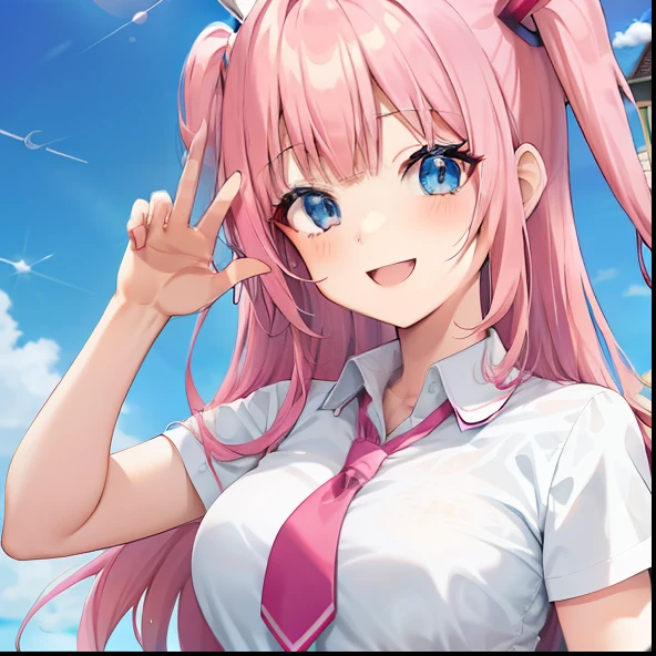 Anime girl with pink hair and blue eyes in tie, pink two-tailed hair and cyan eyes, kawaii realistic portrait, anime moe art style, Saori, Mikudayo, Shikamimi, my dress up dear anime, Nyaruko-san, inspired gacha club game, Shirabii, anime girl named Lucy, drawn in anime painter studio, smiley face, sunshine, tilted head laugh