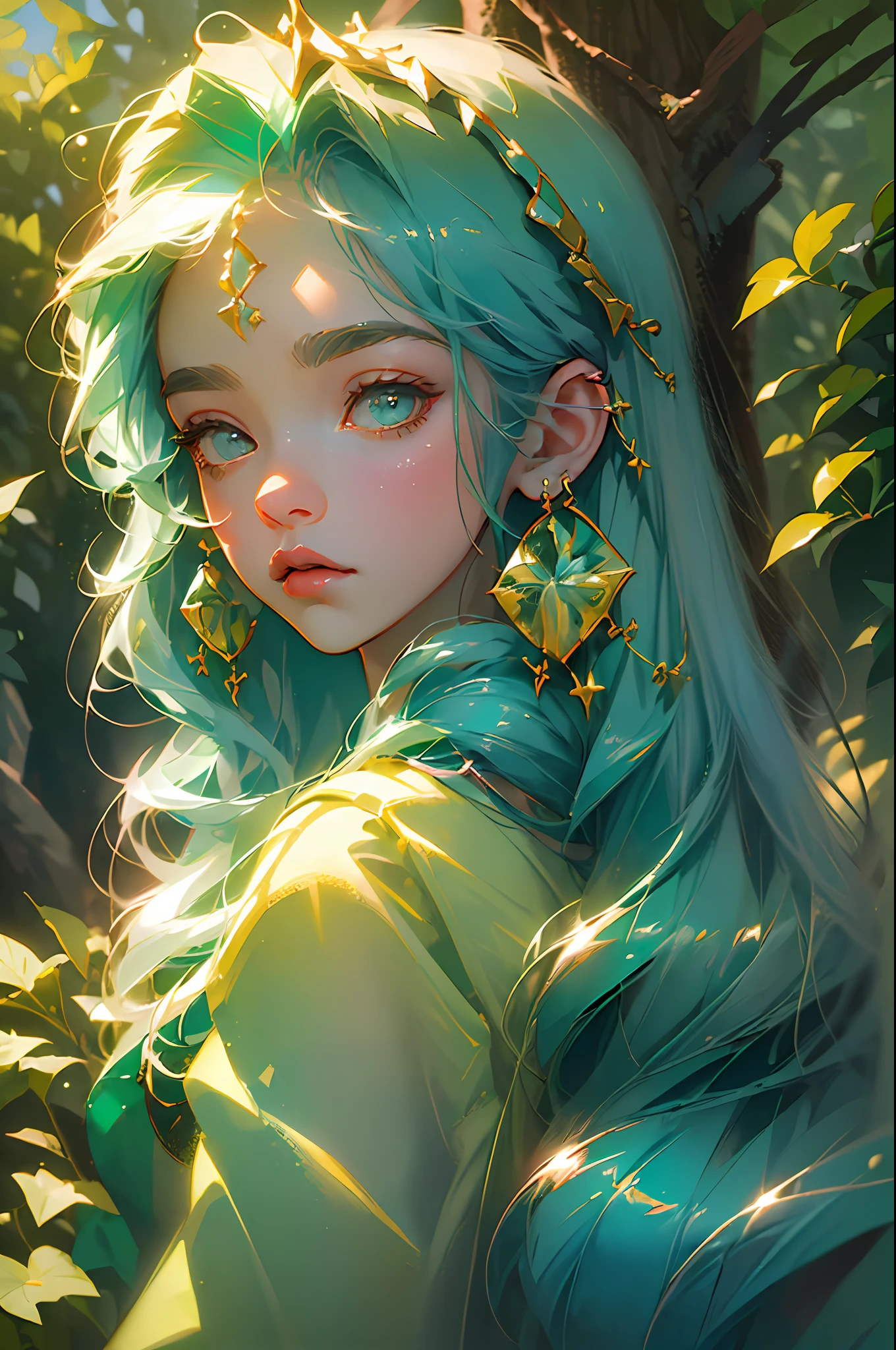 ((((1 girl))), (fantasy forest), (colored inner hair:1.1), (crescent earrings), Ghibli-like colors, ((((masterpiece)))), (high details), award-winning, 16k, super detail)