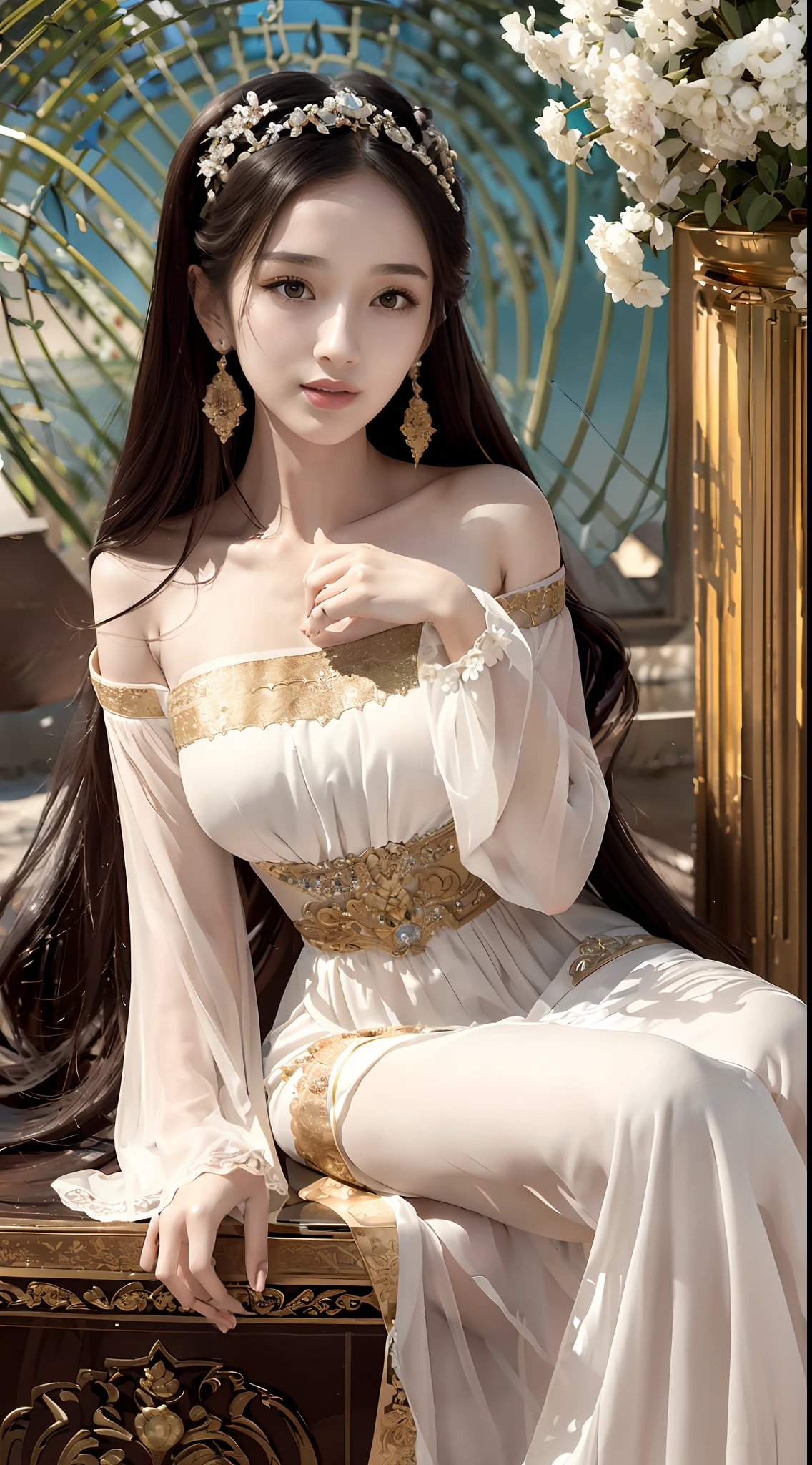 A beautiful girl, literary, beautiful and elegant, with slender eyebrows and clear eyes. Ruddy lips, soft skin, bandeau dress with gold edges, antique long-sleeved dress, stroking posture and waiting posture. The blue sky and the quiet courtyard (literary and elegant, antique, long-sleeved dresses, piano posture), full body close-up