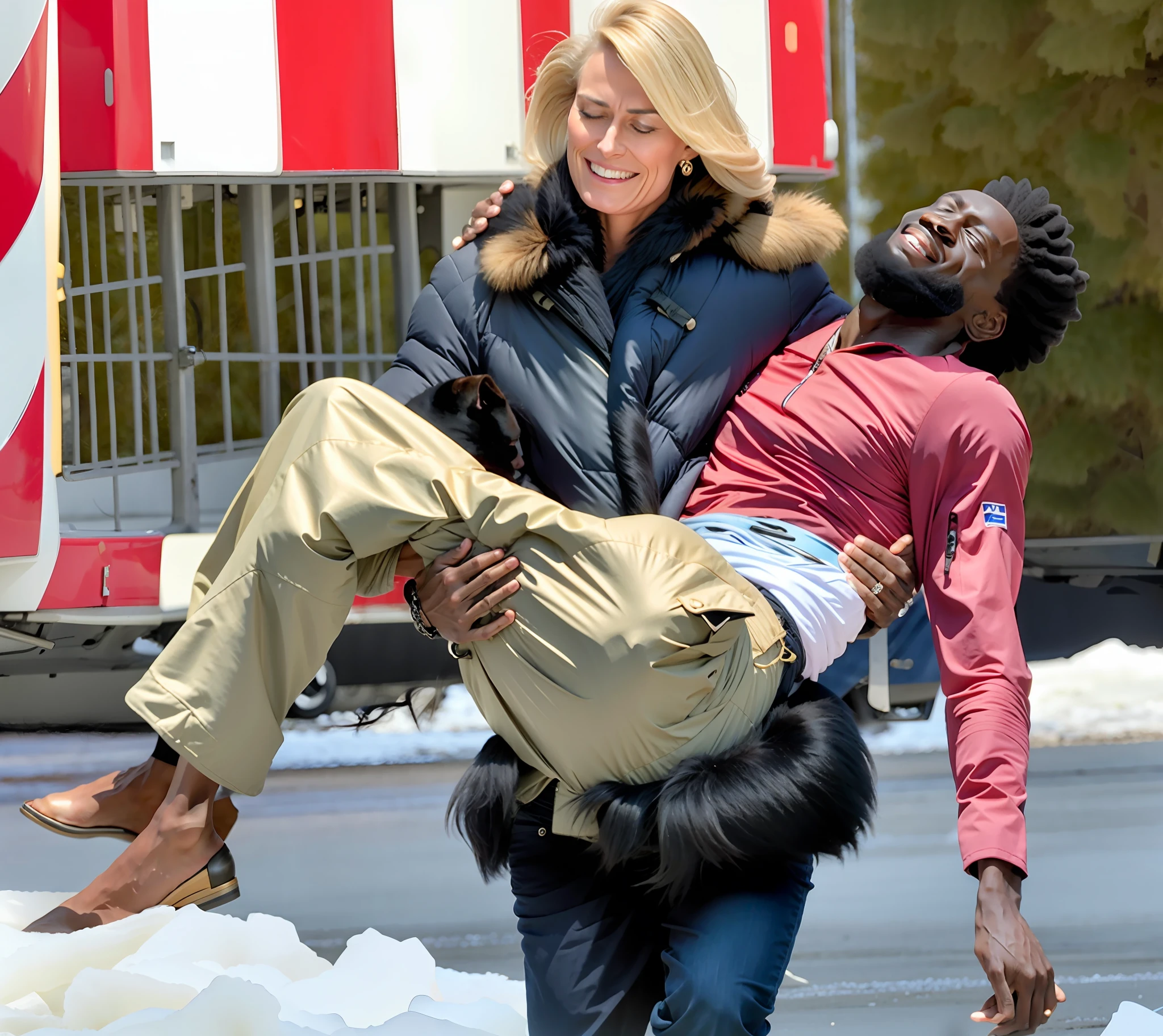 a beautiful blond woman, a young blond woman, a blond woman in a shiny coat, a sad blond woman, a madeup blonde woman, blon woman with lipstick, blond woman with smoky eyes, dramatic action pose, woman that is carrying a skinny man, there is a beautiful woman in a shiny coat who is carrying a blond man in her arms, a longhaired beautiful woman in a high-shine black puffy coat, a longhaired woman in a shiny downcoat, a woman is carrying a shorthaired man who is wearing black shorts, a weak man in black shorts is consciousless and needs to be carried, a shorthaired man with closed eyes is carried in the arms of a longhaired woman, a woman looks very scared and terrified, a consciousless man with closed eyes is suffering very much and has a very painful face, photo, photo shoot, photographed, arafed man being carried by a woman on a plane, very realistic, very very realistic, hyper-realistic, hyper - realistic, hyper realistic, jacket over bare torso, very disturbing, very hyperrealistic, tom cruise torso, super realistic, by Anna Füssli, hyperrealistic!, extremely realistic, very very very realistic, super-realistic