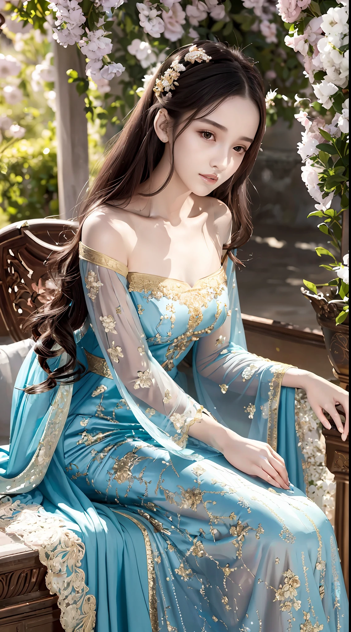 A beautiful girl, literary, beautiful and elegant, with slender eyebrows and clear eyes. Ruddy lips, soft skin, bandeau dress with gold edges, antique long-sleeved dress, stroking posture and waiting posture. The blue sky and the quiet courtyard (literary and elegant, antique, long-sleeved dresses, piano posture), full body close-up