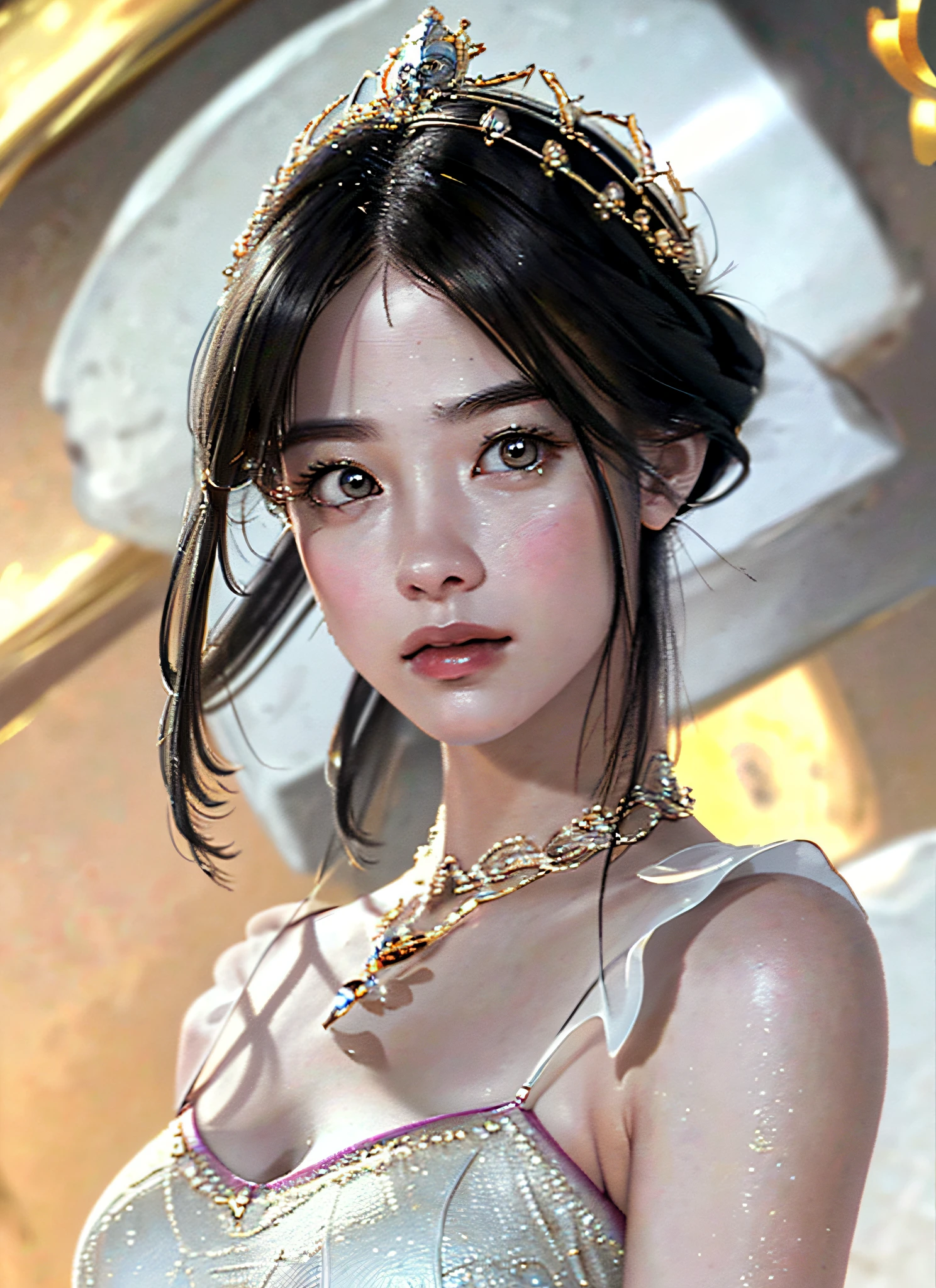 Ultra detailed complex 3D rendering of face, (Colossal breasts: 6.8), full body image, huge breasts, red bra, short hair, viewer, (shiny skin),((Realistic lighting, top quality, 8K, masterpiece: 1.3)), clear focus: 1.2, 1 girl, perfect figure: 1.4, (cleavage), intricate details, ultra-detailed complex 3D rendering of face, beautiful porcelain profile, Lightning effect, jeweled ultra-detailed big crown:1.2), big,, sexy swimsuit, (surreal), (high definition), (8K), (very detailed), (beautiful detailed eyes), (super detailed), (ultra detailed), intricate detail jewels, (jeweled ultra-detailed yellow armor: 1.3), 1 girl, solo, long hair, wind, gorgeous face, top quality, masterpiece, maximum detail, diffused lighting, (black hair: 1.3), Valhalla Valkyrie, mechanical arm, beauty, facial muscles