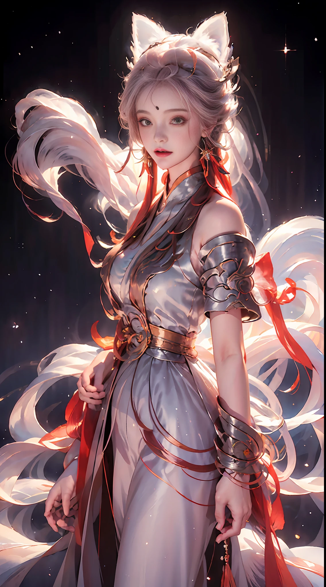 (Masterpiece, top quality, best quality, extreme detail, highest detail, official art, Beauty and Aesthetics: 1.2), Colorful, Denim Shot, Upper Body Shot, Beautiful Face, Perfect Body, On Sky Clouds, Girl with Fox's Tail, Dunhuang Dance, Flowing Streamers, Sun Rays, Clouds, Full Body, Hanfu, Chinese Clothes, White Dress, Water, Fireflies, Night, Starry Sky, Jewelry, Feathers on Dresses, White Peacock Feathers, Light Particles, Volumetric Lighting, Ray Tracing (Flowing Streamers: 1.1), (Fantasy: 1.2), Illuminators, Stars, Fantasy, High Contrast, Ink Strokes, Overexposure, Purple and Red Tone Impressions, Abstract, ((Watercolor by John Berkey and Jeremy Man) Strokes