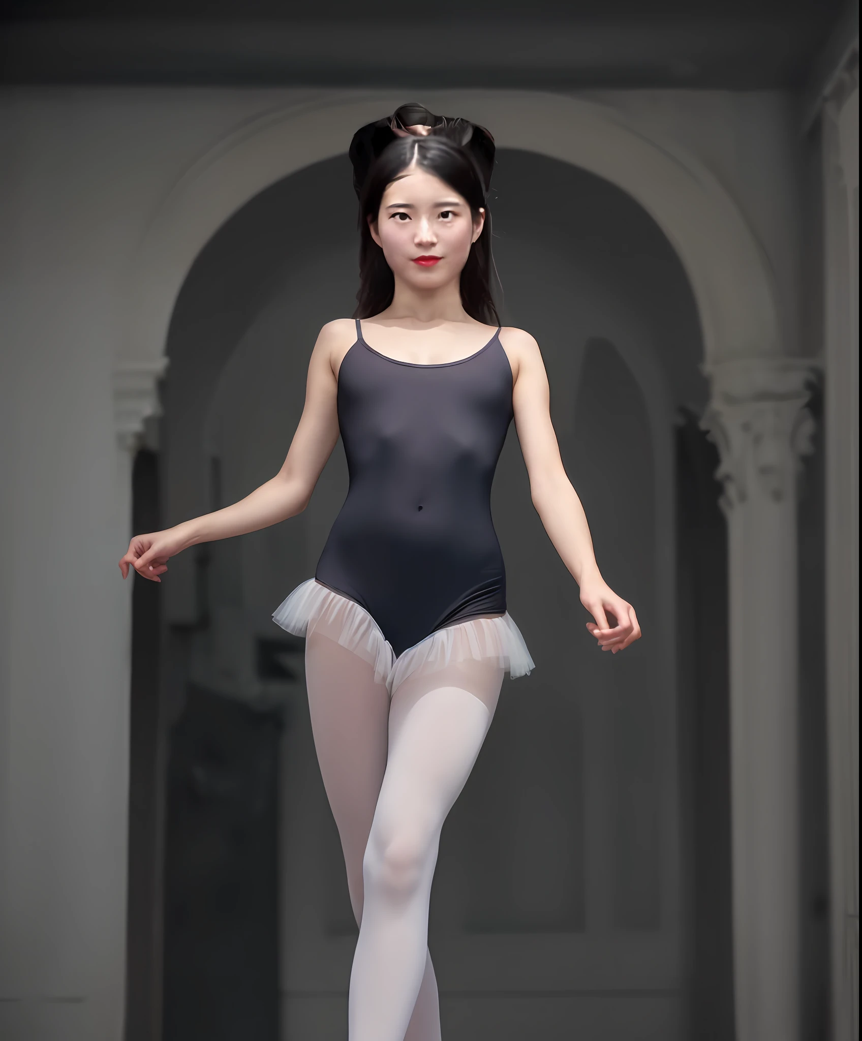 RAW photo a (portrait:1.2) of full body a (detail clothes, (Art Nouveau), realistic, slim, (small breasted), correct anatomy, beautiful body, awakened body, (ballet studio), standing, ((white tutu)), ((tutu)), ((short tutu)), (single), (elegant), looking at the audience, ((superior appearance), (standing still), pastel painting, pastel colors, Soft light, fluffy, camel toe, from below) in the city, (high detail skin: 1.2), 8k uhd, dslr, soft light, high quality