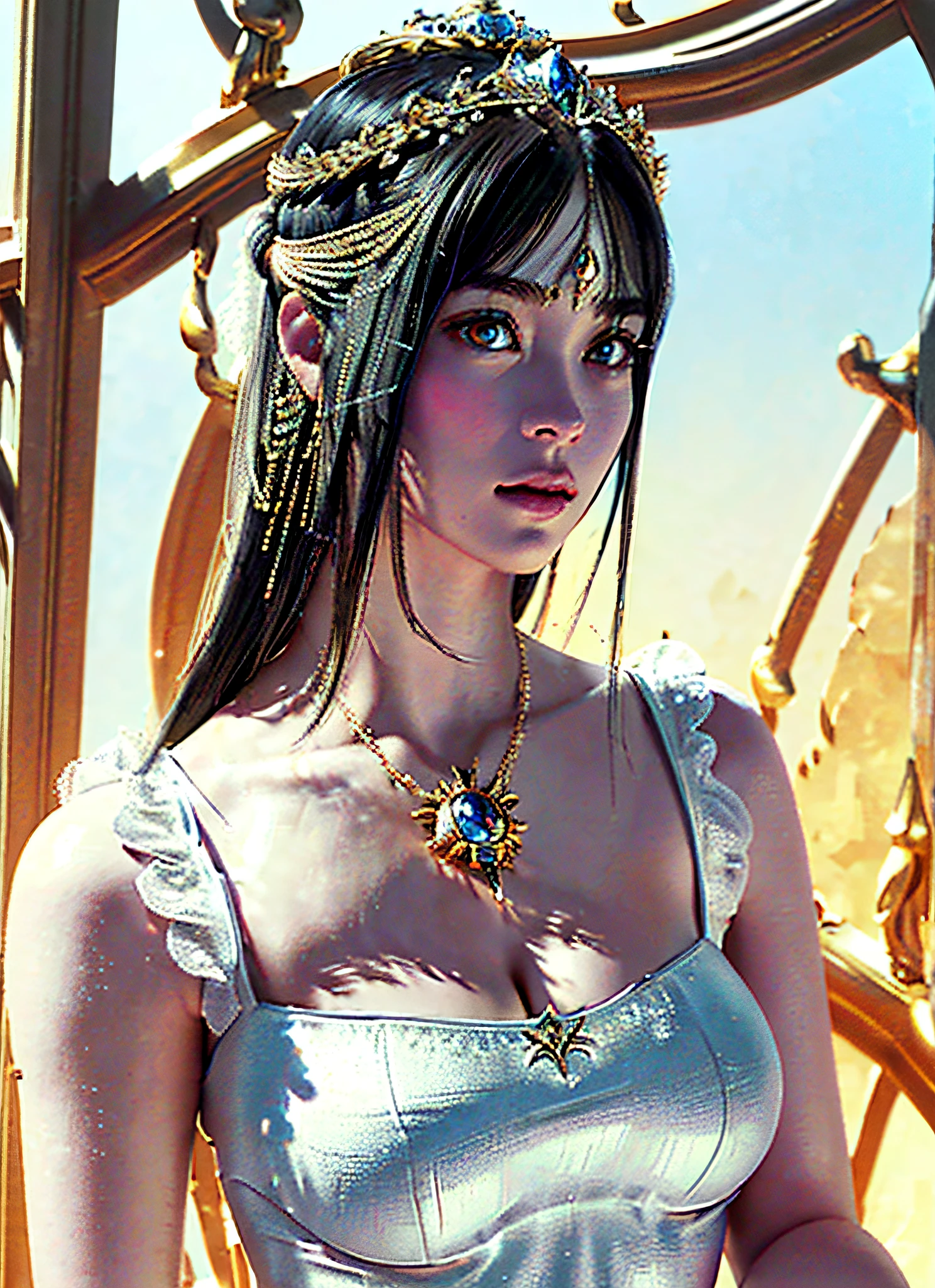 Ultra detailed complex 3D rendering of face, (Colossal breasts: 6.8), full body image, huge breasts, red bra, short hair, viewer, (shiny skin),((Realistic lighting, top quality, 8K, masterpiece: 1.3)), clear focus: 1.2, 1 girl, perfect figure: 1.4, (cleavage), intricate details, ultra-detailed complex 3D rendering of face, beautiful porcelain profile, Lightning effect, jeweled ultra-detailed big crown:1.2), big,, sexy swimsuit, (surreal), (high definition), (8K), (very detailed), (beautiful detailed eyes), (super detailed), (ultra detailed), intricate detail jewels, (jeweled ultra-detailed yellow armor: 1.3), 1 girl, solo, long hair, wind, gorgeous face, top quality, masterpiece, maximum detail, diffused lighting, (black hair: 1.3), Valhalla Valkyrie, mechanical arm, beauty, facial muscles