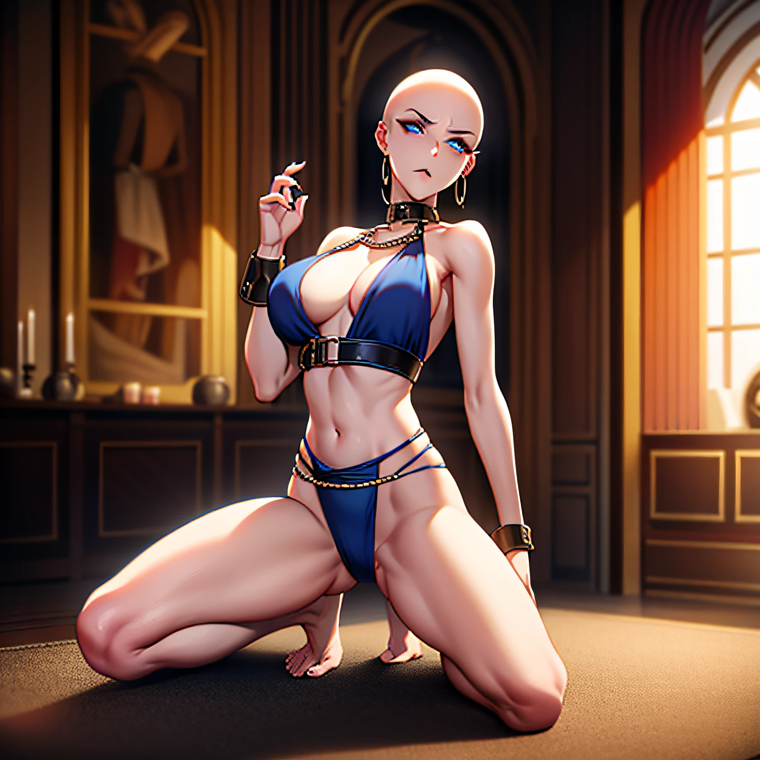 an evil tall slave woman with no hair is forced to dance and on a banquet table, shaved head, blue eyes, pierced ears, nose ring, iron collar, chains, dirty rags for clothes, bare shoulders, exposed midriff, barefoot, barely clothed, kneeling, legs spread, chained to floor, empty eyes, aroused, flushed, sweating, banquet hall, feast, medieval