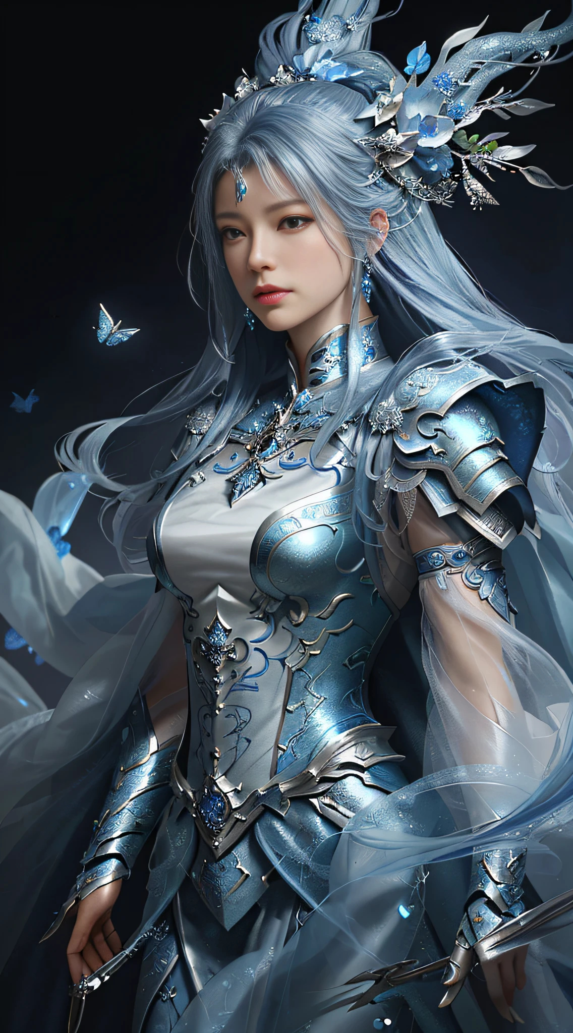 a close up of a woman in a silver and blue dress, chengwei pan on artstation, by Yang J, detailed fantasy art, stunning character art, fanart best artstation, epic exquisite character art, beautiful armor, extremely detailed artgerm, detailed digital anime art, artgerm on artstation pixiv, armor girl