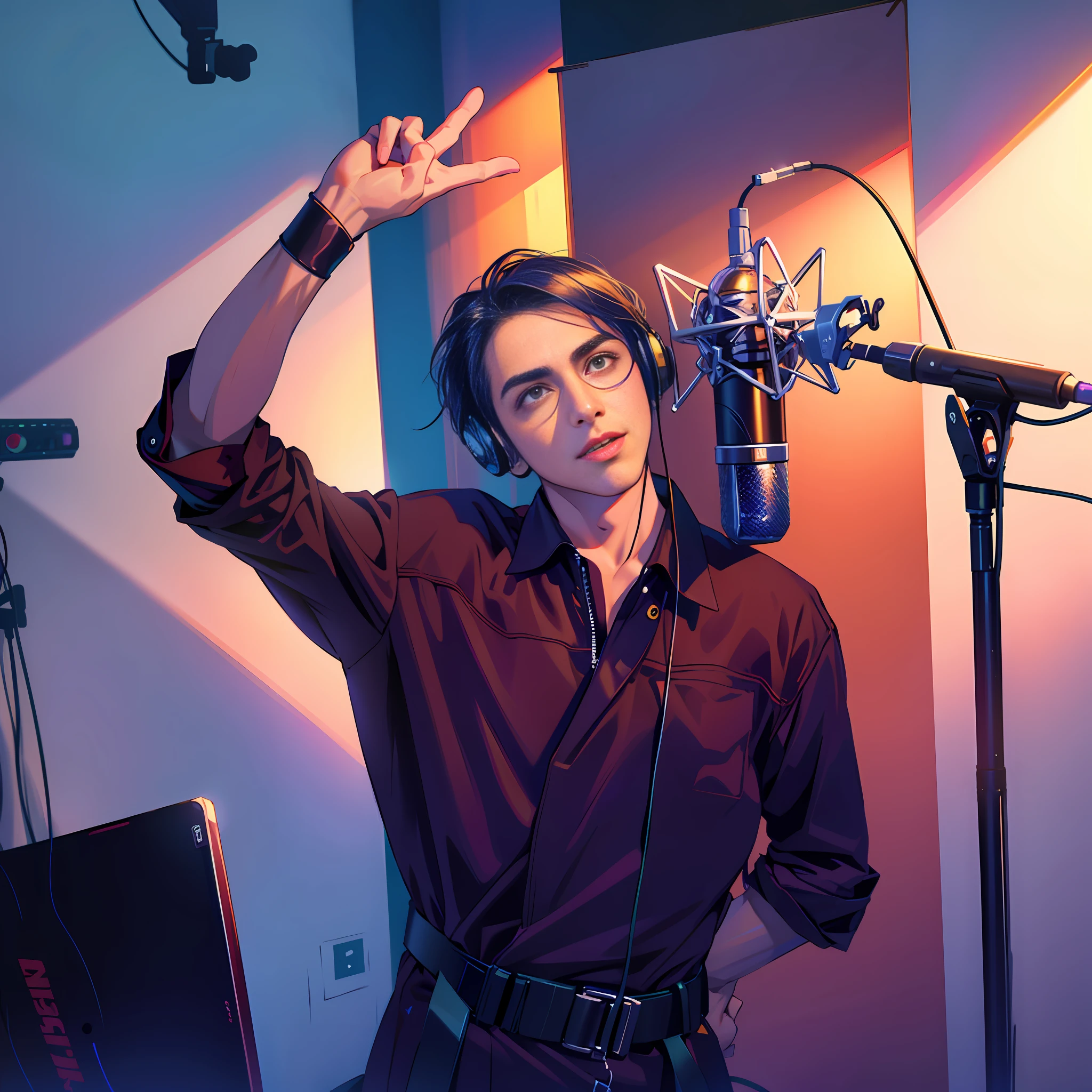 there is a man that is standing in front of a microphone, studio shot, inspired by Adam Dario Keel, studio quality, in a studio, rapping into microphone, xqc, vocalist, handsome anime pose, hsiao-ron, avan jogia angel, portrait of kpop idol, shot in the photo studio, photo from a promo shoot