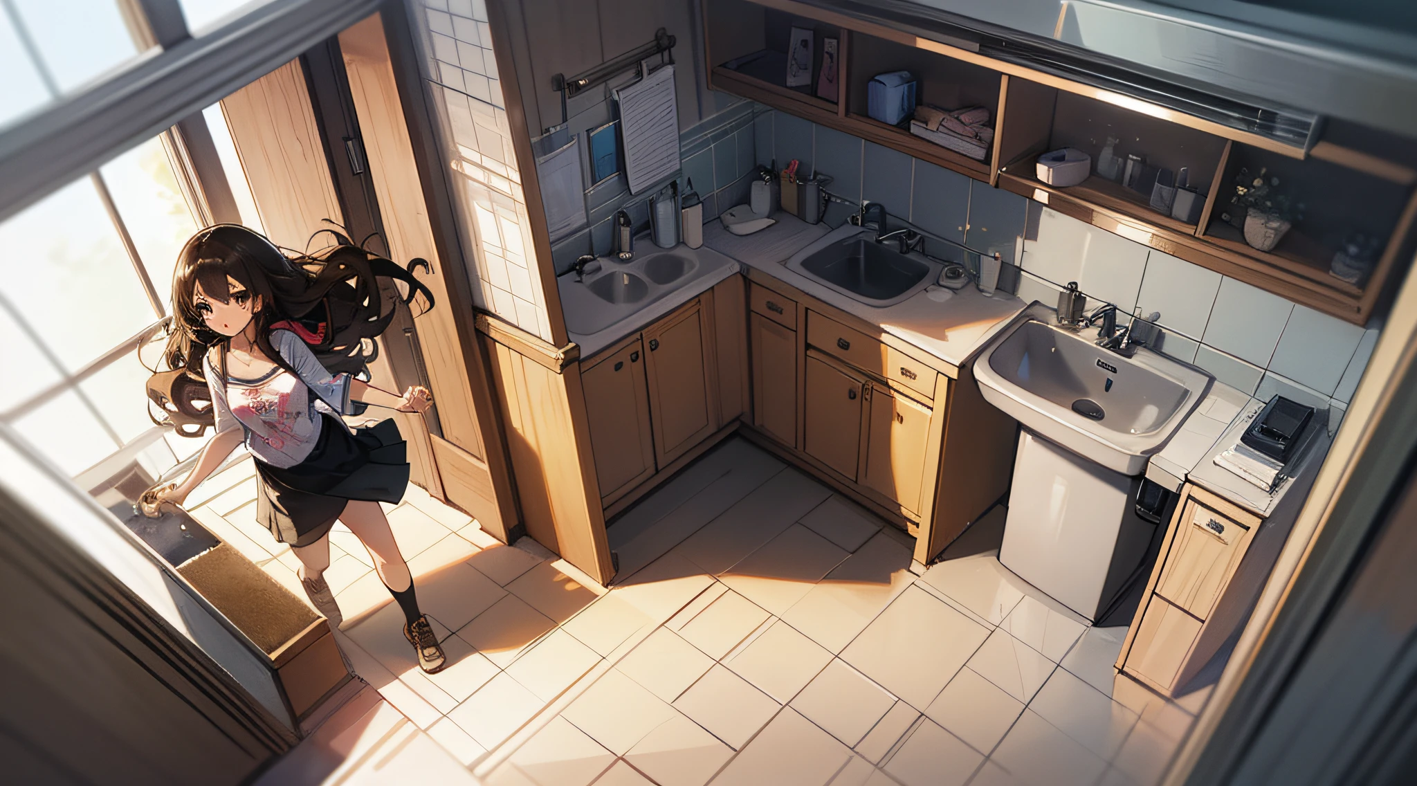 Girl running to bathroom with bathroom in background, (Girl: 23 years old, curly, long hair, brunette hair, casual wear, slim), diorama drawing, anime, UHD, textured skin, high quality, high detail --auto --s2
