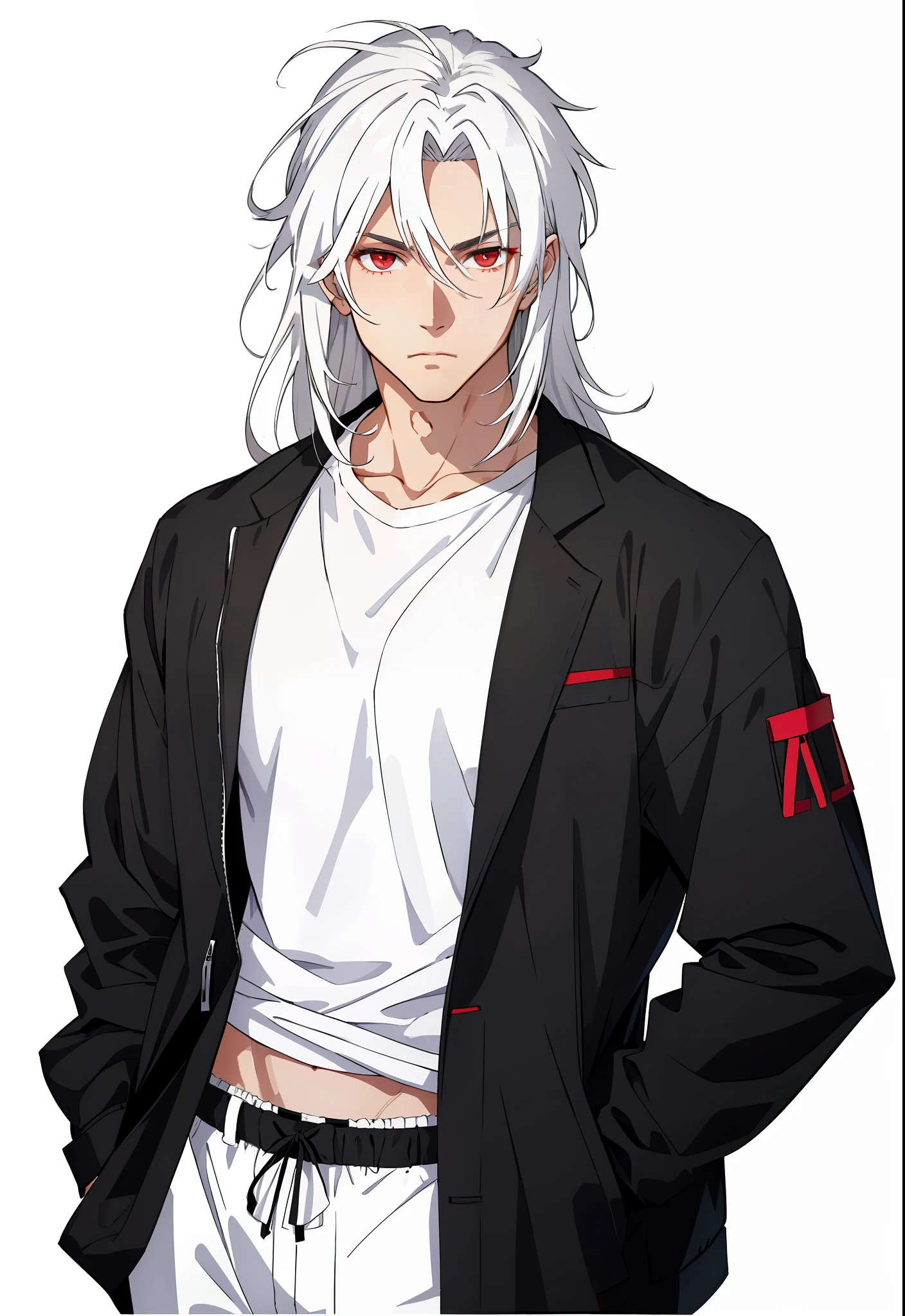 masterpiece, best quality, white hair, muscular male, mature male, tsurime, red eyes,hime cut, white background, cropped legs, white t-shirt, hands in pockets, capri pants, facing viewer, black jacket, messy long hair,