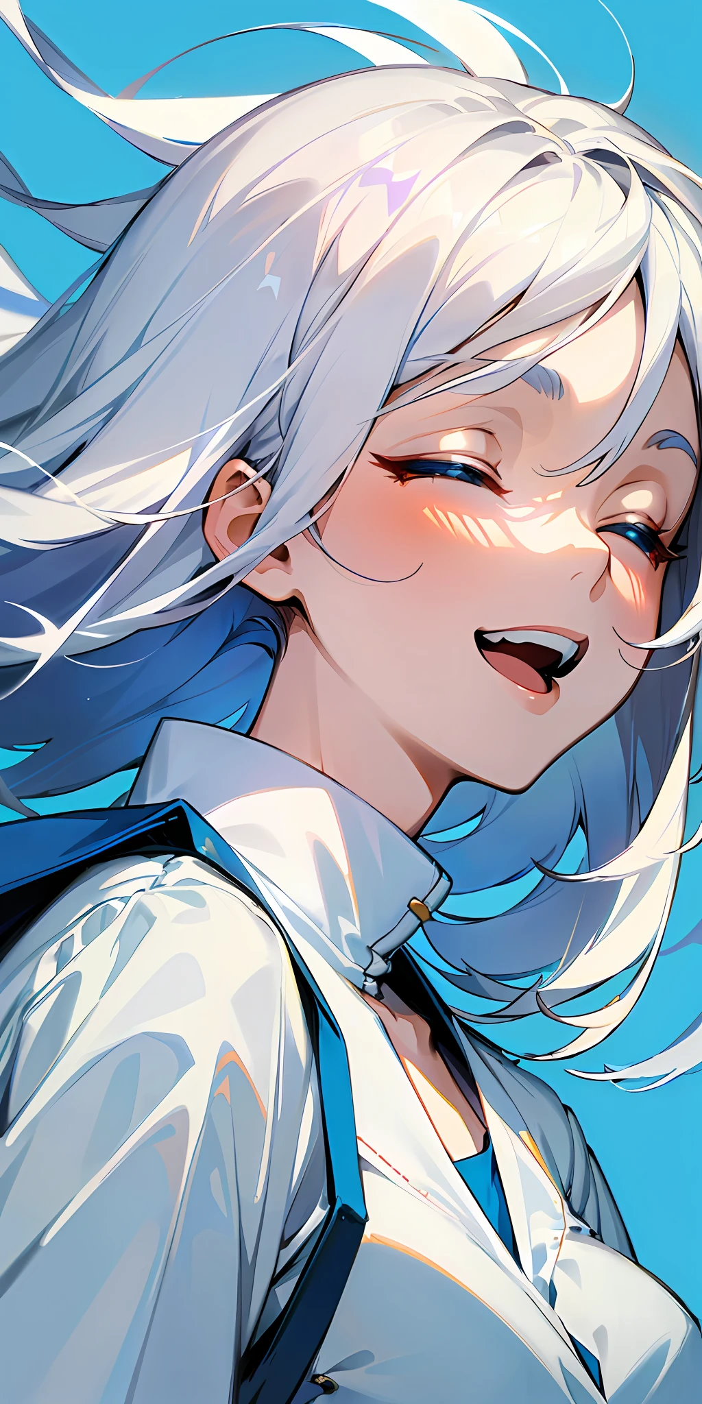 (Masterpiece, best quality), 1 long girl with white hair, hair fluttering in the wind, happy laughter, laughter, wallpaper, blue solid background, white shirt, minimalist style, simple, upper body close-up, character in the middle, --v6