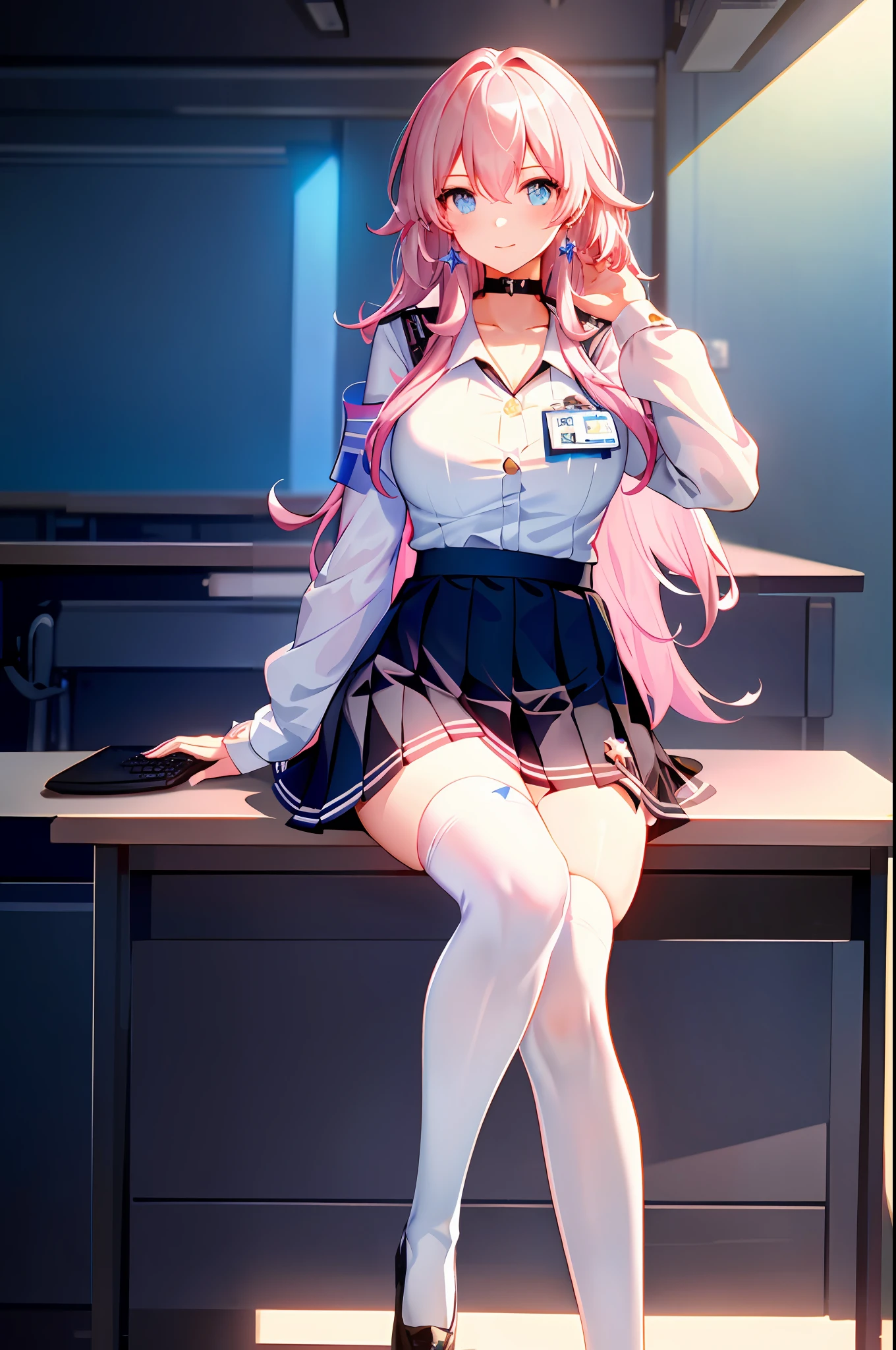 7thmarch, 7th_march, honkai star rail, 1girl, solo, ((white shirt)), black thighhighs, breasts, cleavage, uniform, office background, black skirt, pleated skirt, office, hair between eyes, blue earring, large breasts, long hair, looking at viewer, pink short nails, blue eyes, solo, thighhighs, thighs, ((masterpiece)), sitting, chair, desk, computer on desk, name tag, id tag, indoor, blush, sexy pose, hands behind,