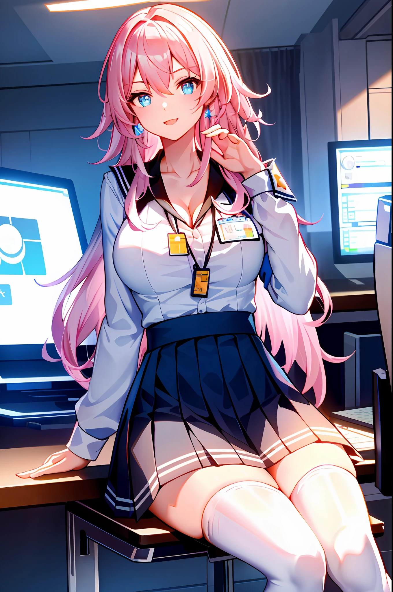 7thmarch, 7th_march, honkai star rail, 1girl, solo, ((white shirt)), black thighhighs, breasts, cleavage, uniform, office background, black skirt, pleated skirt, office, hair between eyes, blue earring, large breasts, long hair, looking at viewer, pink short nails, blue eyes, solo, thighhighs, thighs, ((masterpiece)), sitting, chair, desk, computer on desk, name tag, id tag, indoor, blush, sexy pose, hands behind,