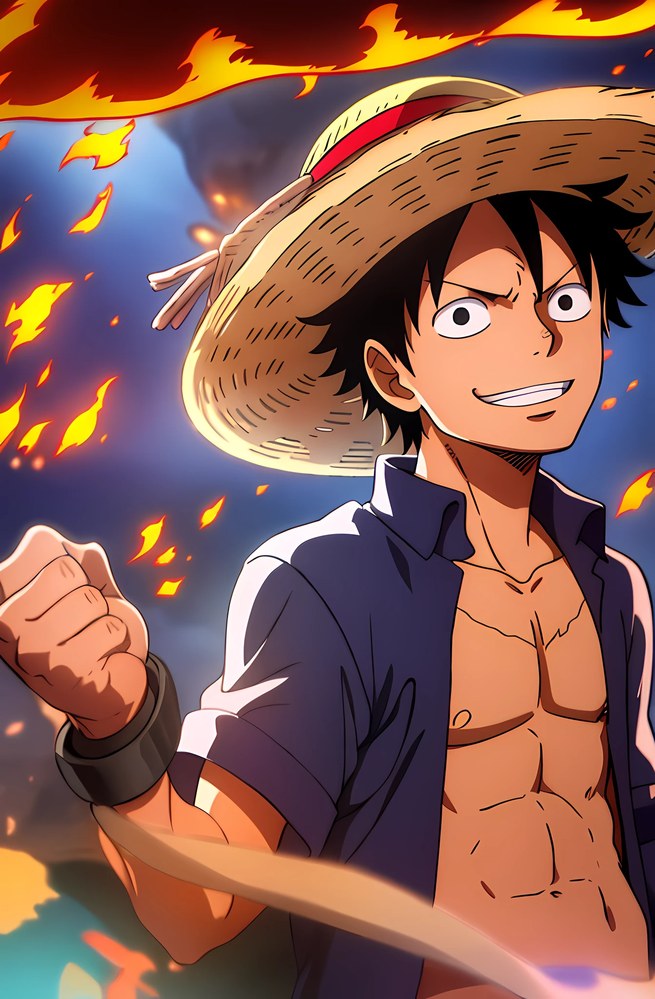 1boy, wanostyle, monkey d luffy, smiling, straw hat, looking at viewer, solo, upper body, ((masterpiece)), (best quality), (extremely detailed), depth of field, sketch, dark intense shadows, sharp focus, soft lighting, hdr, colorful, good composition, fire all around, spectacular, closed shirt, anime screencap, scar under eye, ready to fight, black eyes