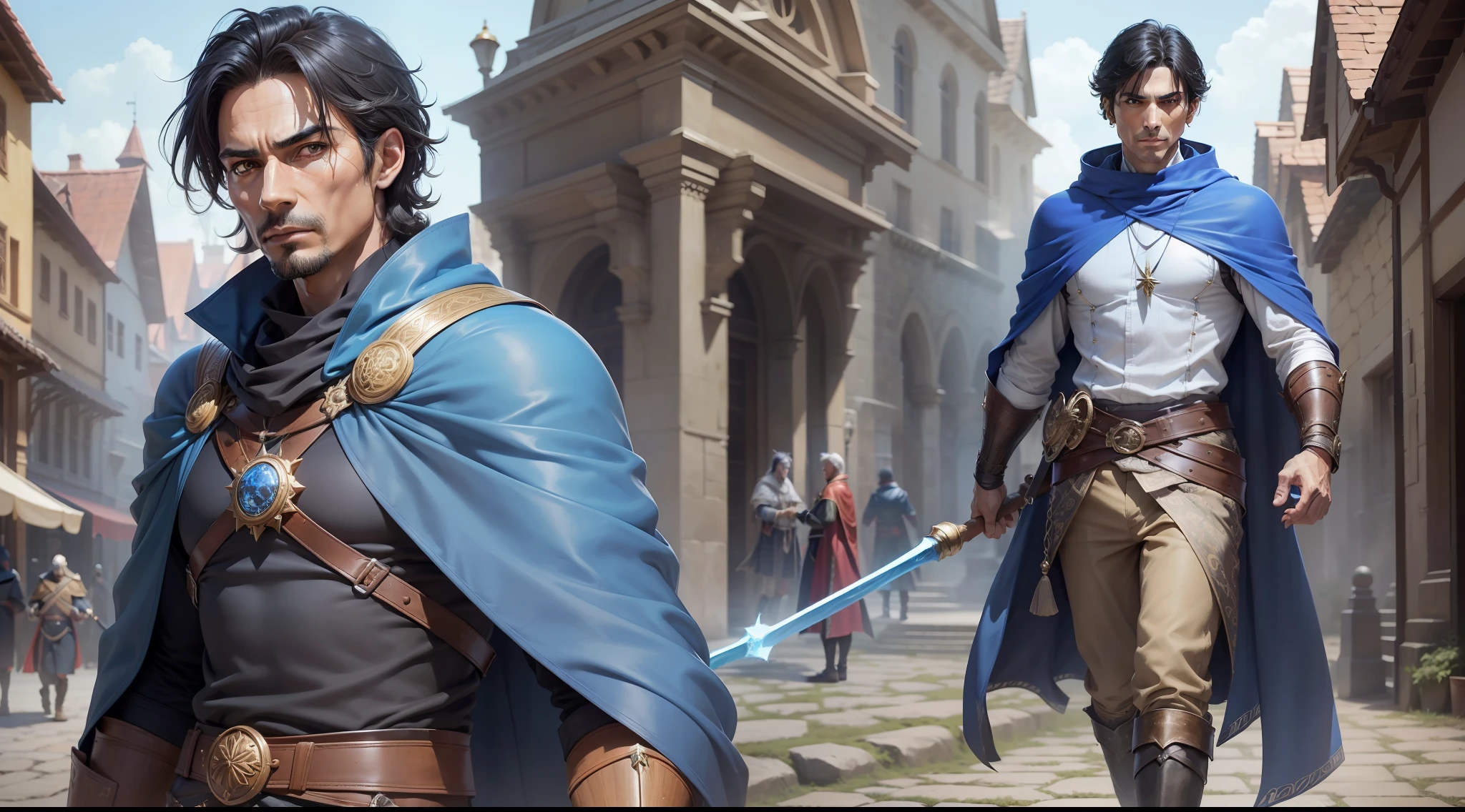 A 45-year-old magician, adult, black hair, straight, long, fair skin ((best quality)), ((highly detailed)), masterpiece, ((official-art)), (brown eyes, confident look, male face, thin face, (man 1:33, solo), cape, high boots, medieval style, walking on a road, walking alongside a gray wolf, gray wolf, wooden staff with a magic stone. bright blue color at the tip of the staff, Perfect image, UHD, 8K